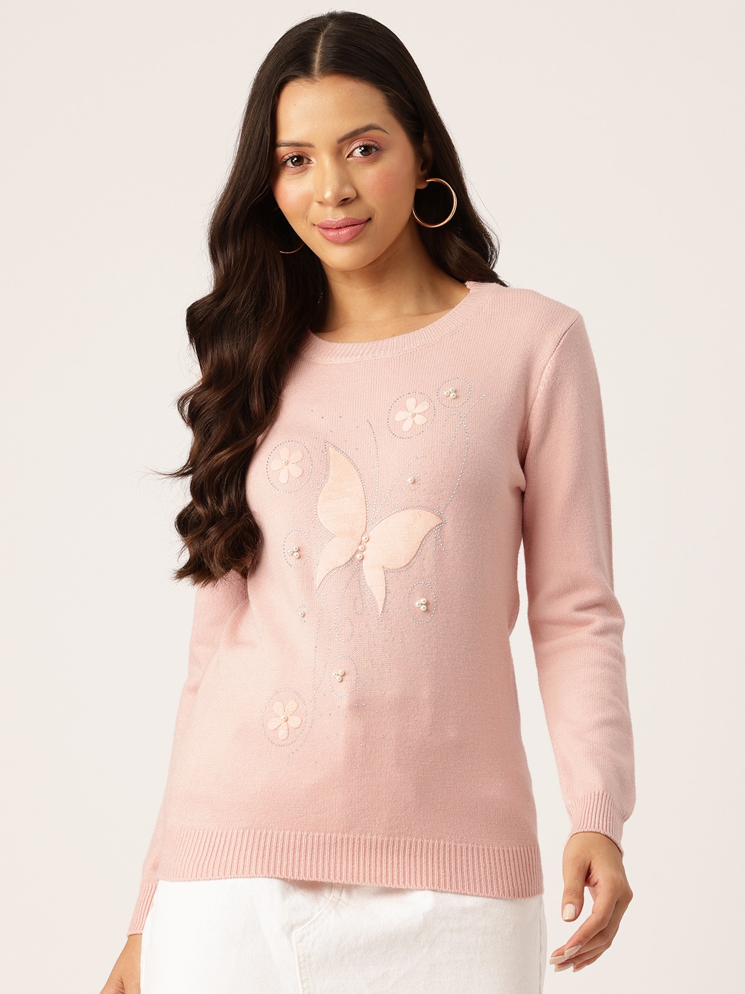

One Femme Women Embroidered Embellished Designer Sweater, Pink