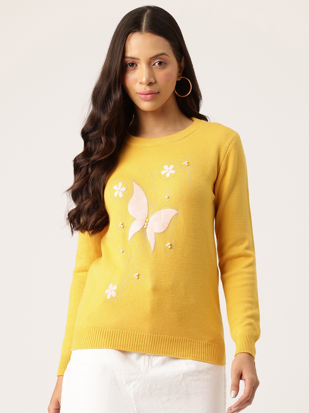 

One Femme Women Embroidered Embellished Designer Sweater, Yellow