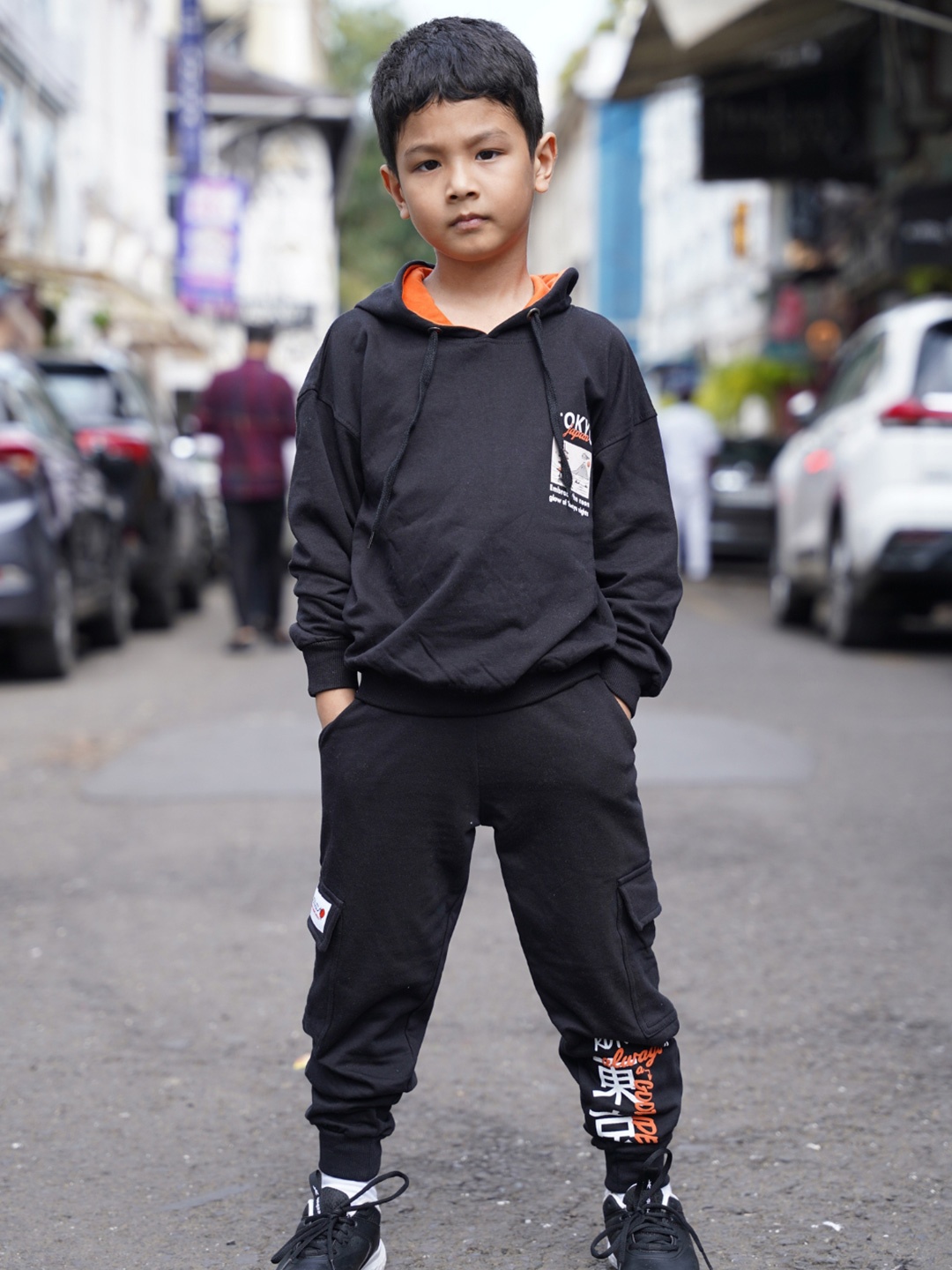 

Nap Chief Kids Printed Hooded Pure Cotton Oversized Sweatshirt With Joggers, Black