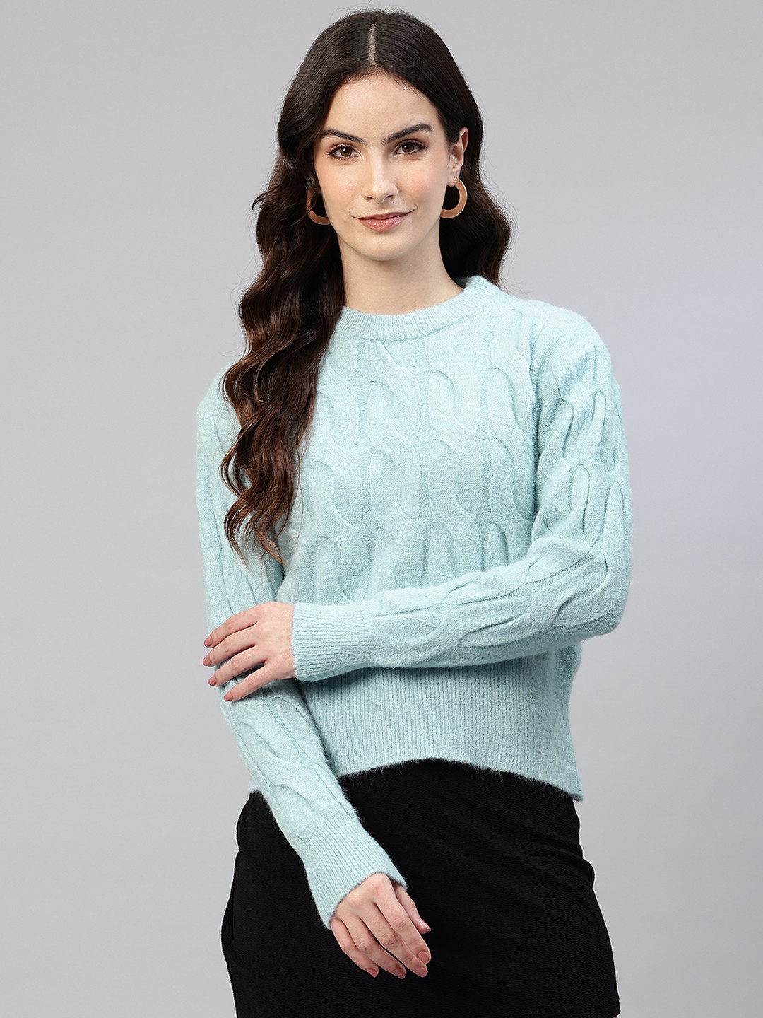 

One Femme Cable Knit Woollen Pullover, Turquoise blue