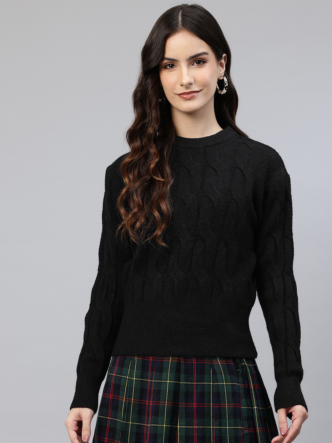 

One Femme Cable Knit Woollen Pullover, Black