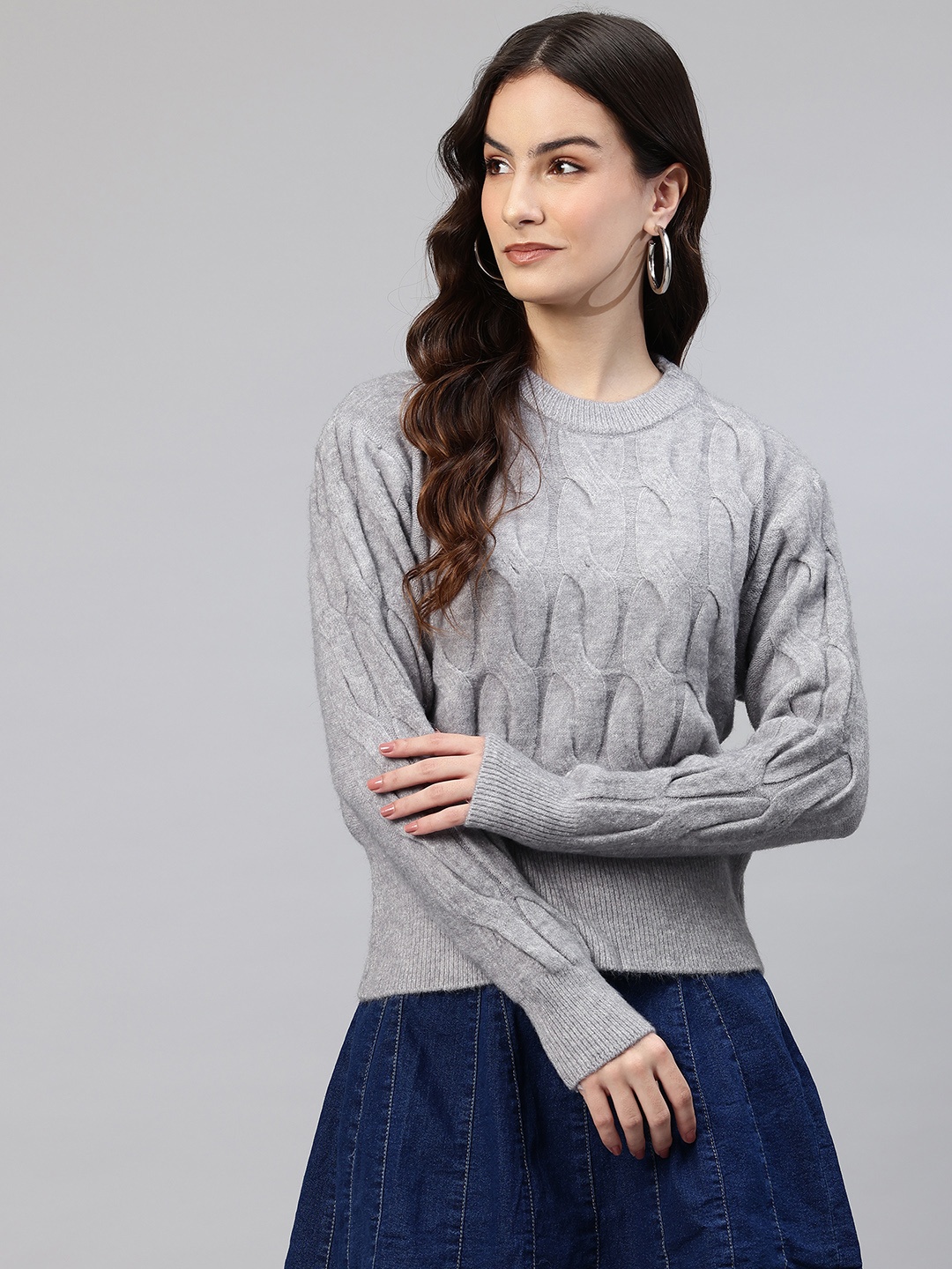 

One Femme Cable Knit Woollen Pullover, Grey