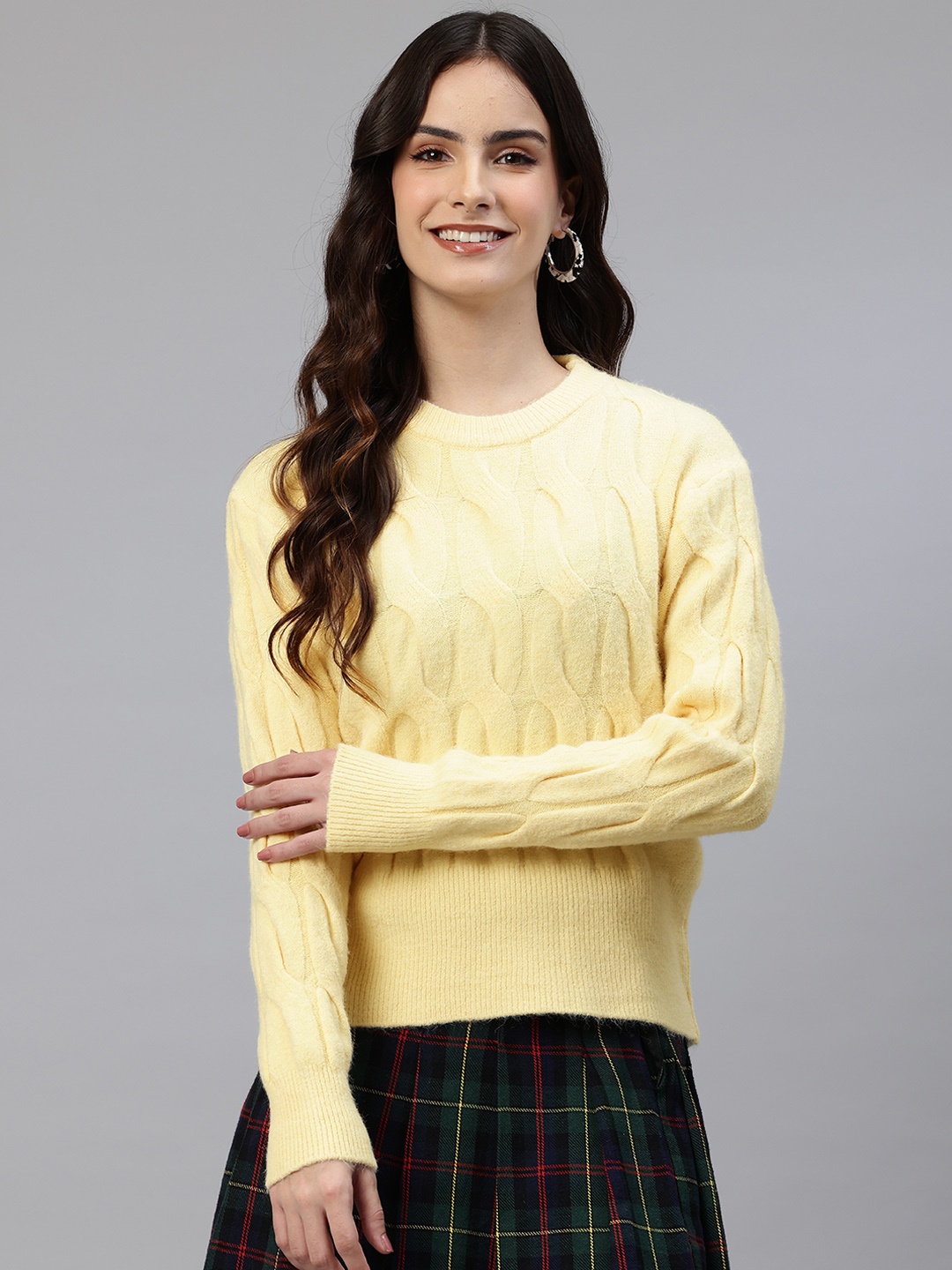 

One Femme Cable Knit Woollen Pullover, Yellow