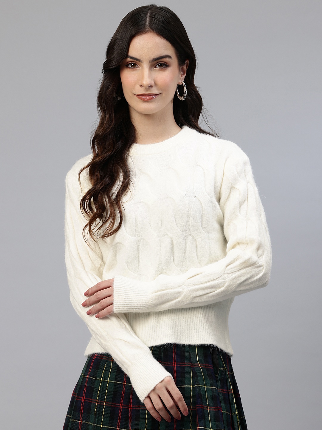 

One Femme Cable Knit Woollen Pullover, White