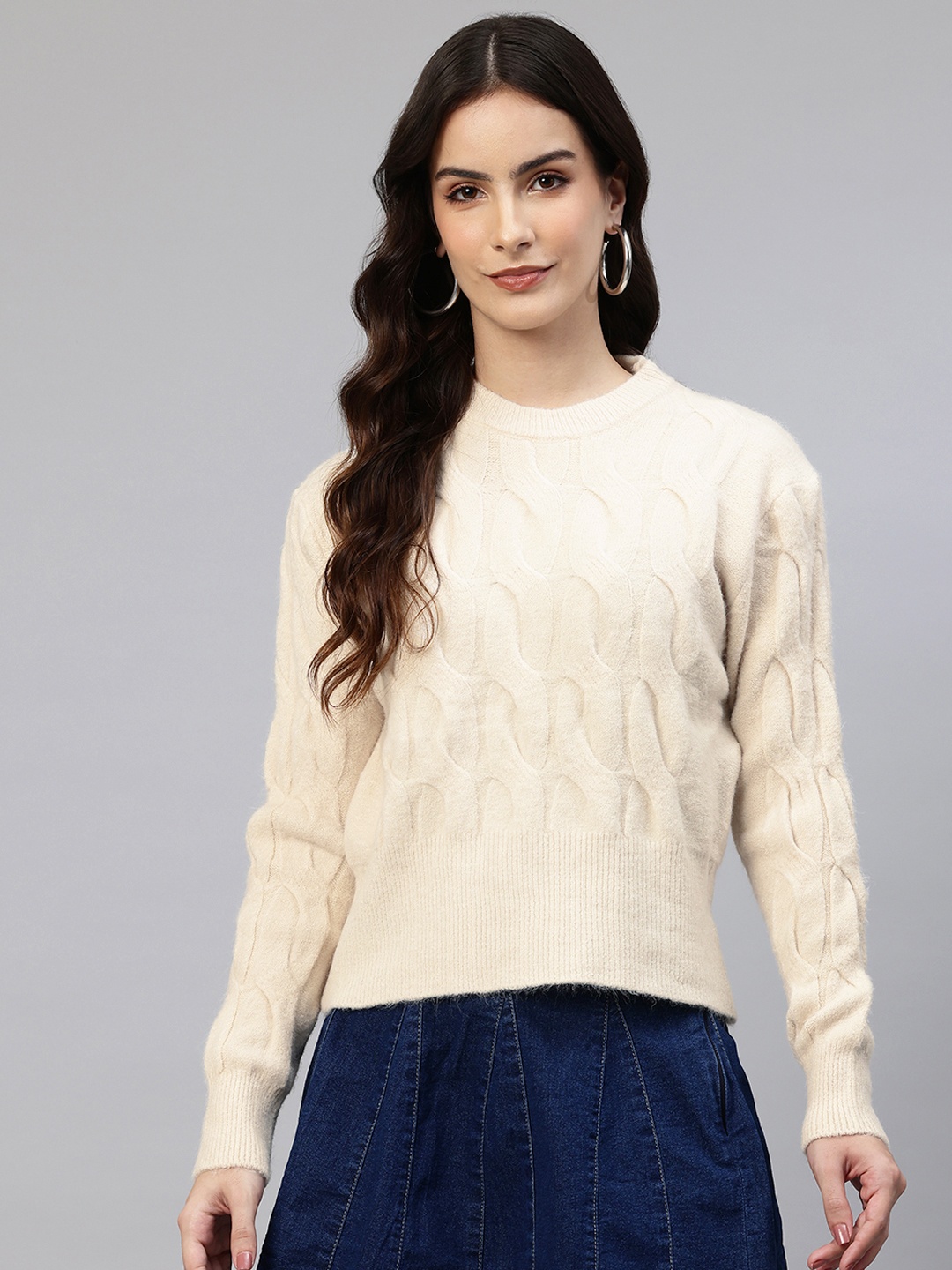 

One Femme Cable Knit Woollen Pullover, Beige