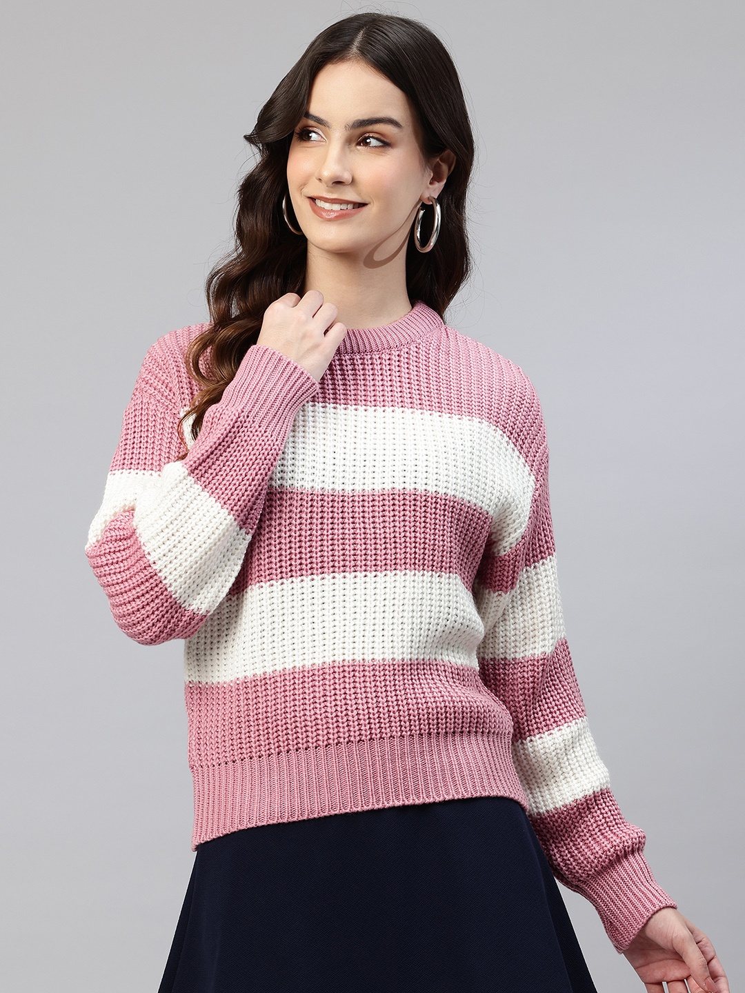 

One Femme Striped Woollen Crop Pullover, Pink