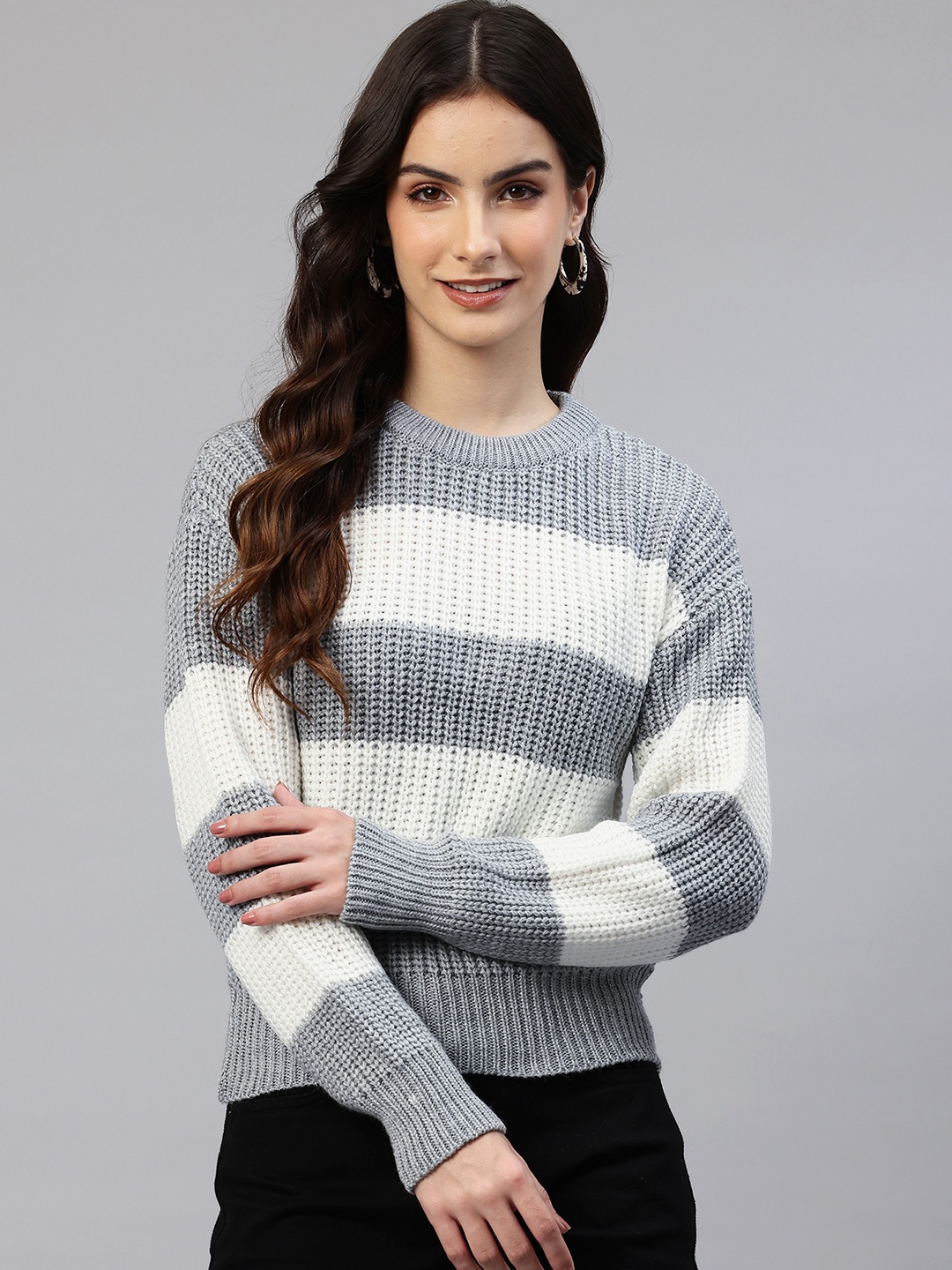 One Femme Striped Woollen Crop Pullover, Grey