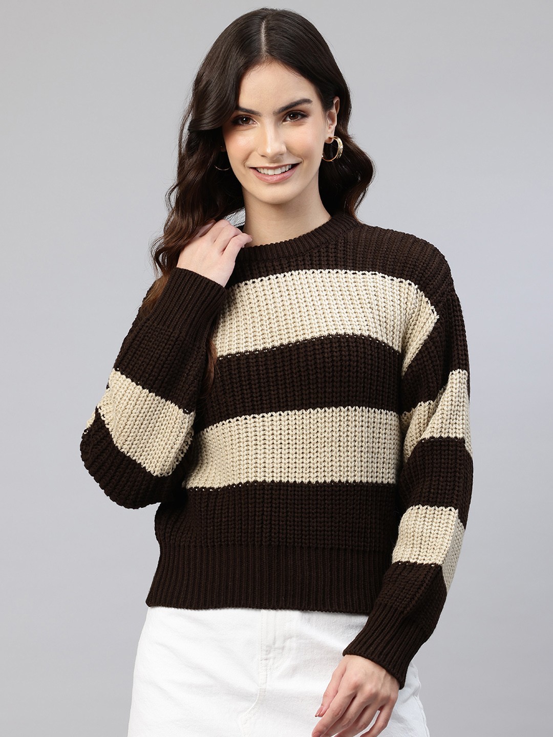 

One Femme Striped Woollen Pullover, Brown