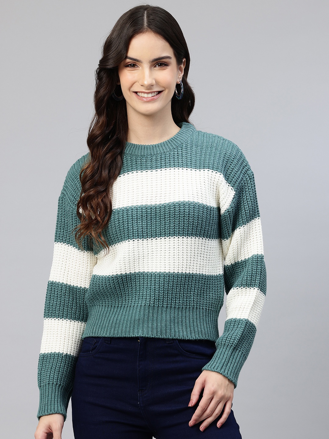 

One Femme Striped Woollen Crop Pullover, Green