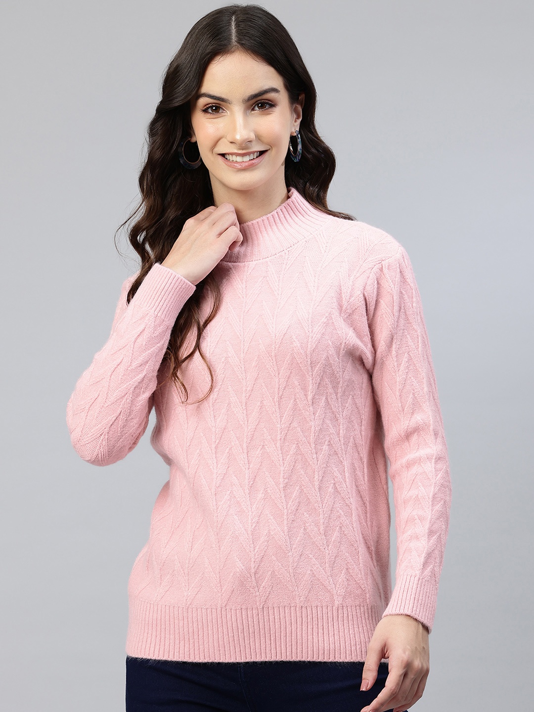 

One Femme Self Design Woollen Pullover, Pink