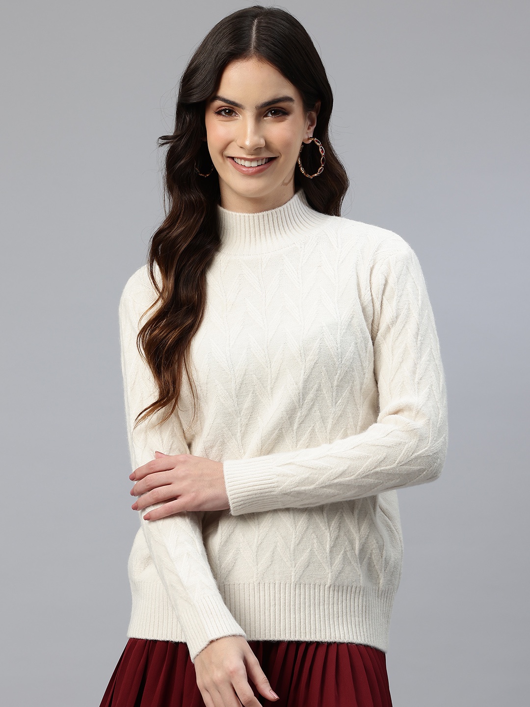 

One Femme Self Design Woollen Pullover, White