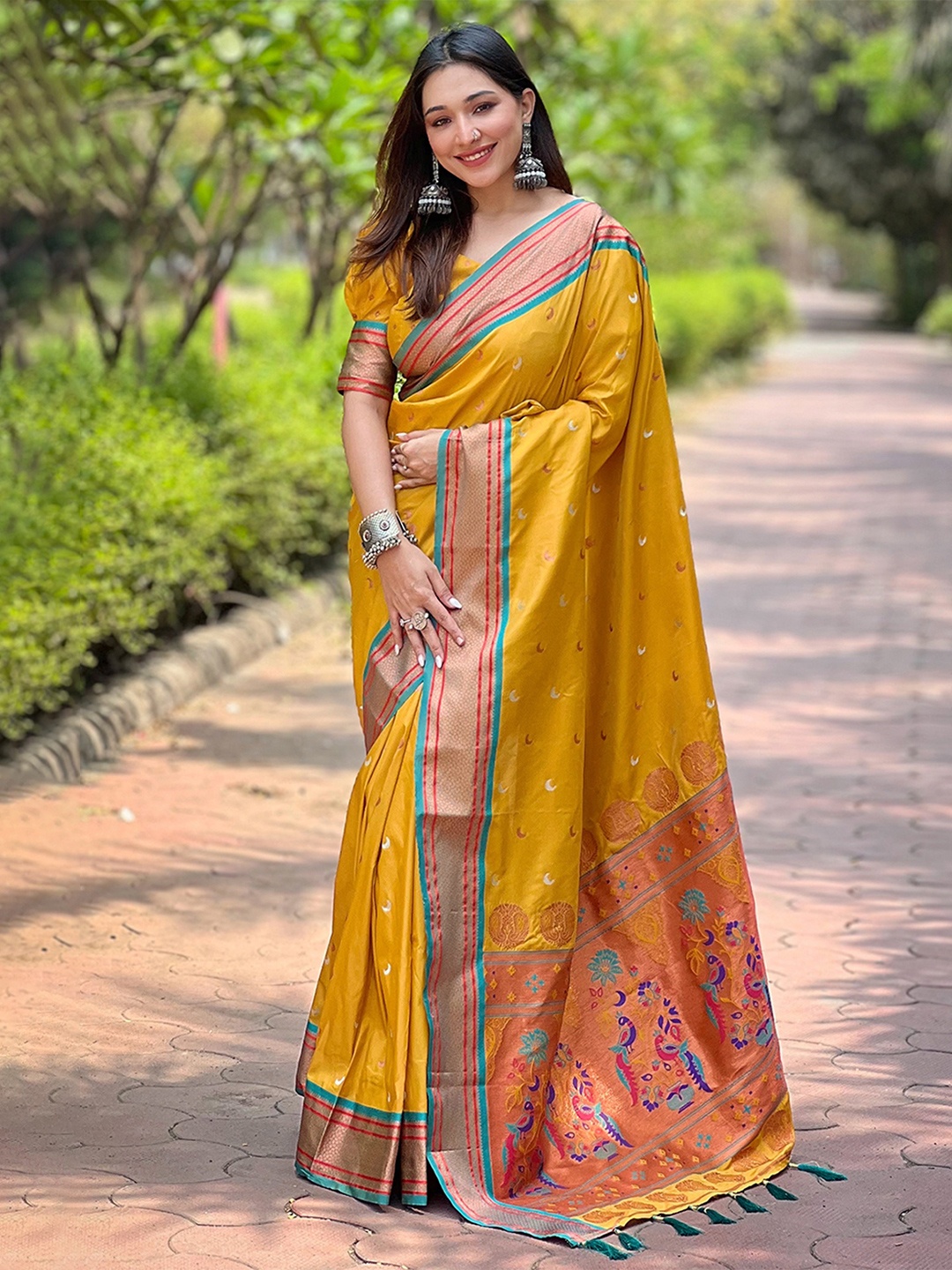 

Mitera Woven Design Zari Silk Blend Banarasi Saree, Mustard