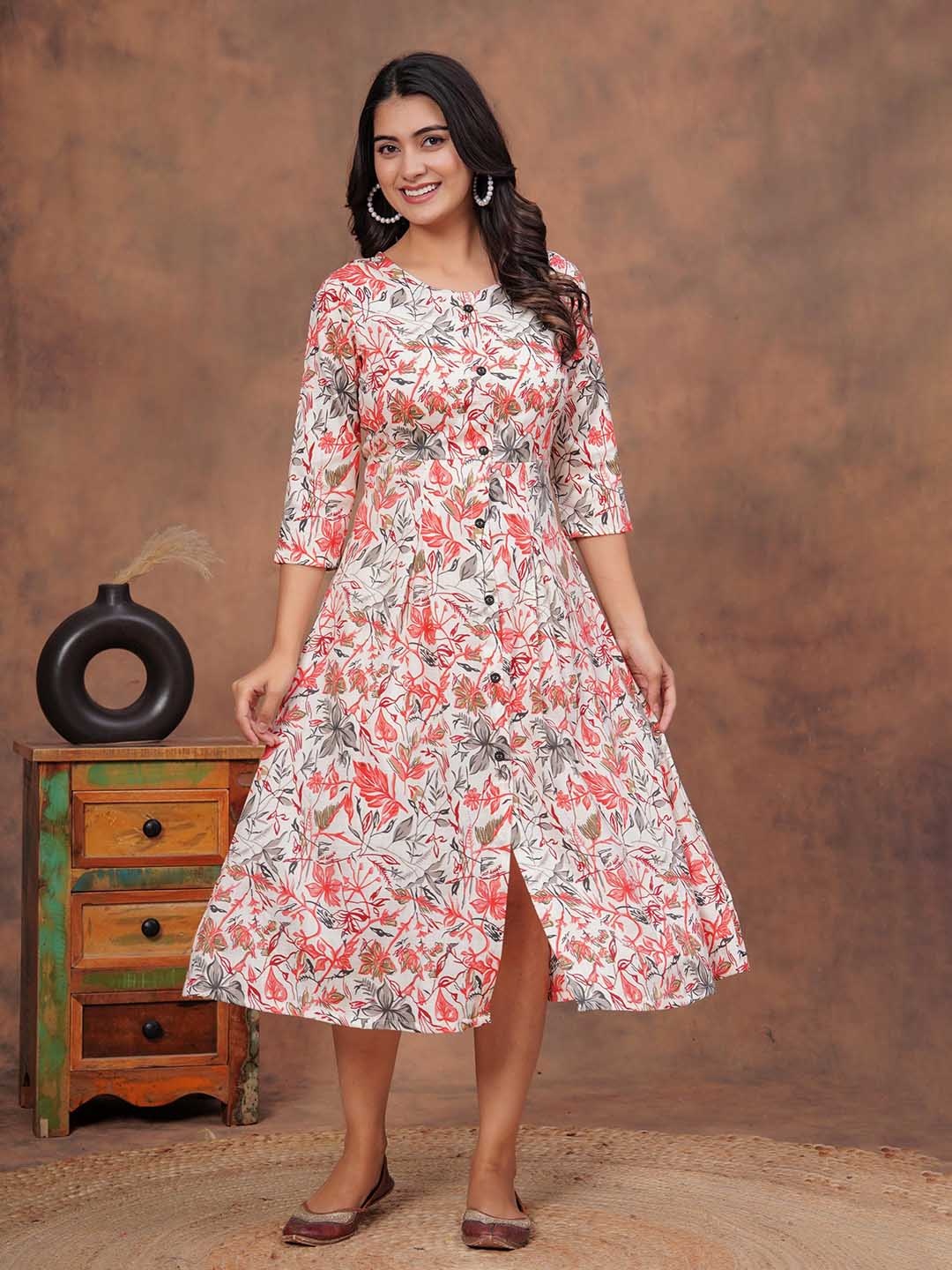 

HEARTLOOM Floral Printed A-Line Ethnic Dress, Orange