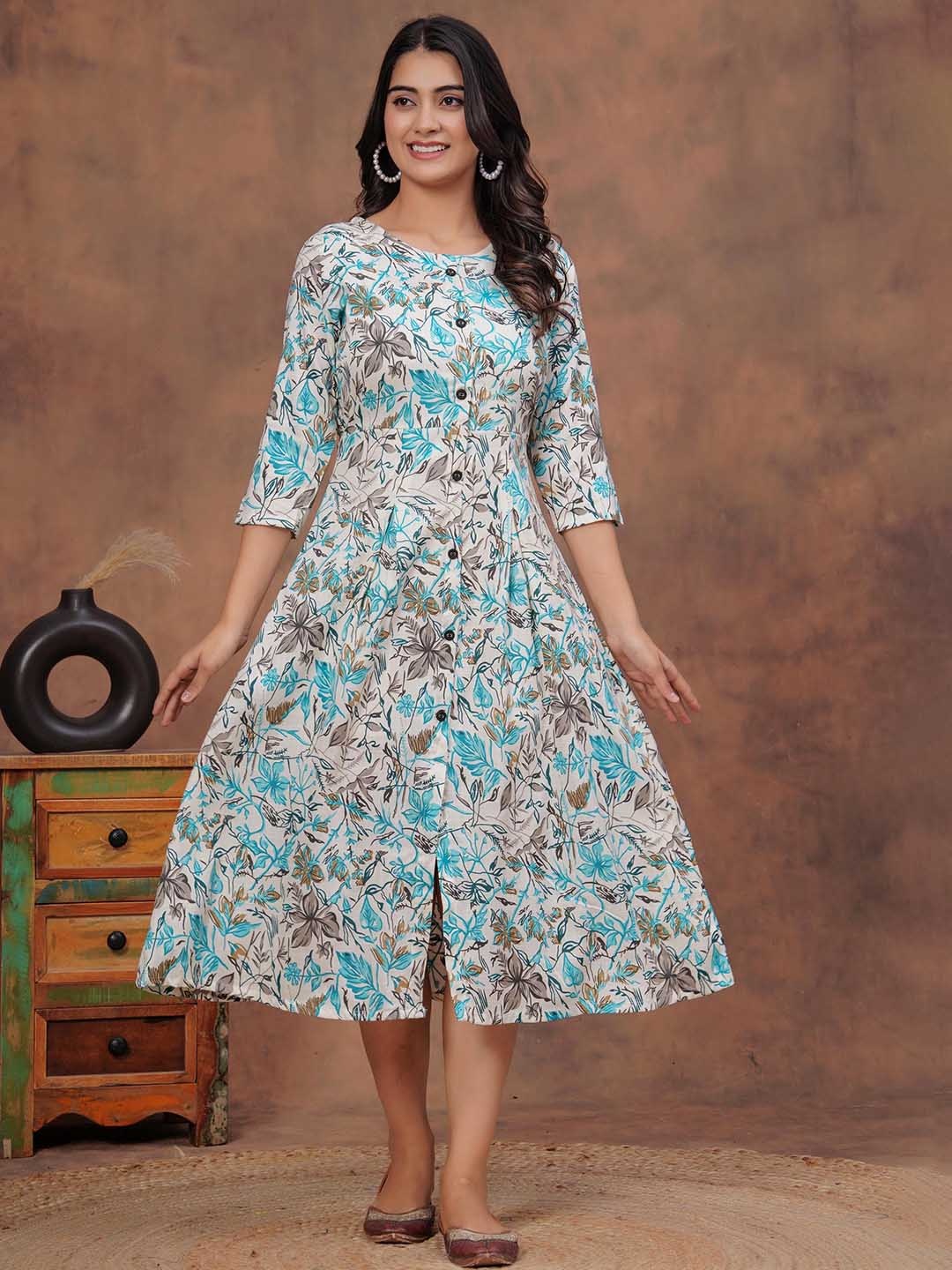 

HEARTLOOM Plus Size Women Floral Printed Midi Ethnic Dress, Blue