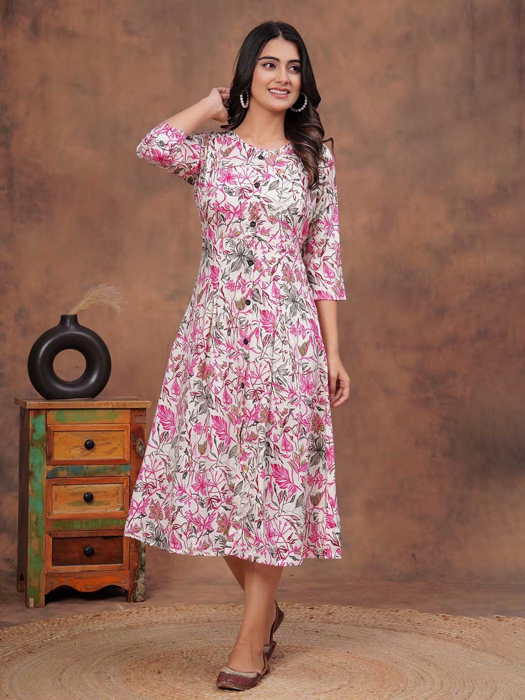 

HEARTLOOM Women Plus Size Women Floral Printed A-Line Ethnic Dress, Pink