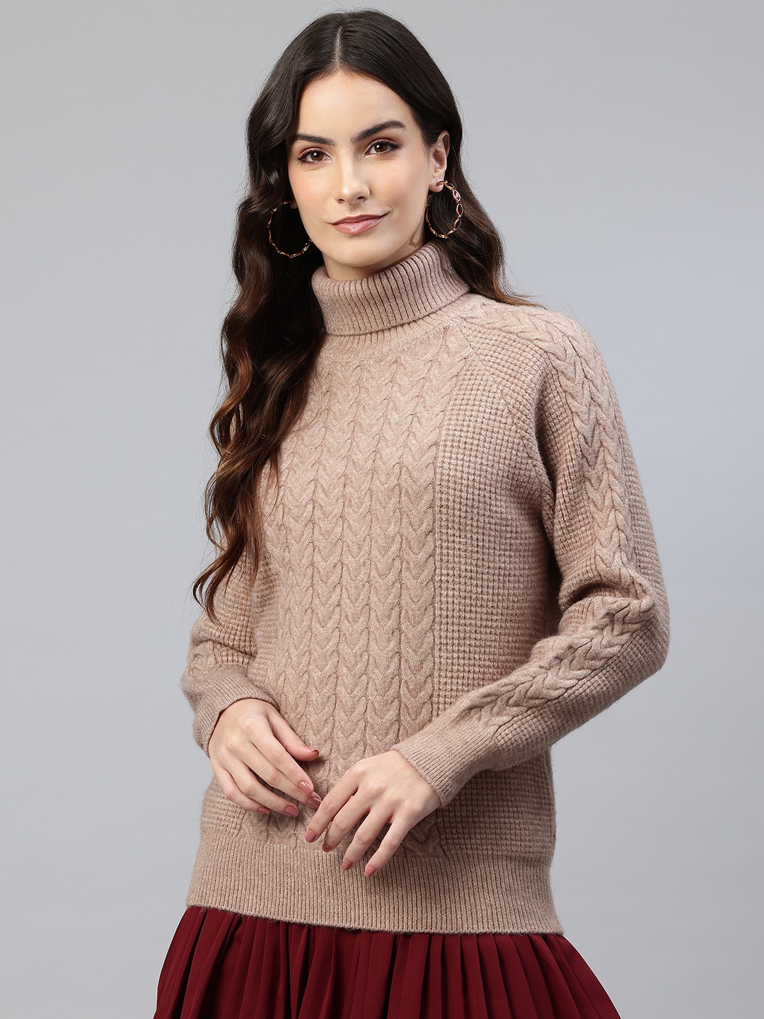 

One Femme Cable Knit Woollen Turtle Neck Pullover, Brown