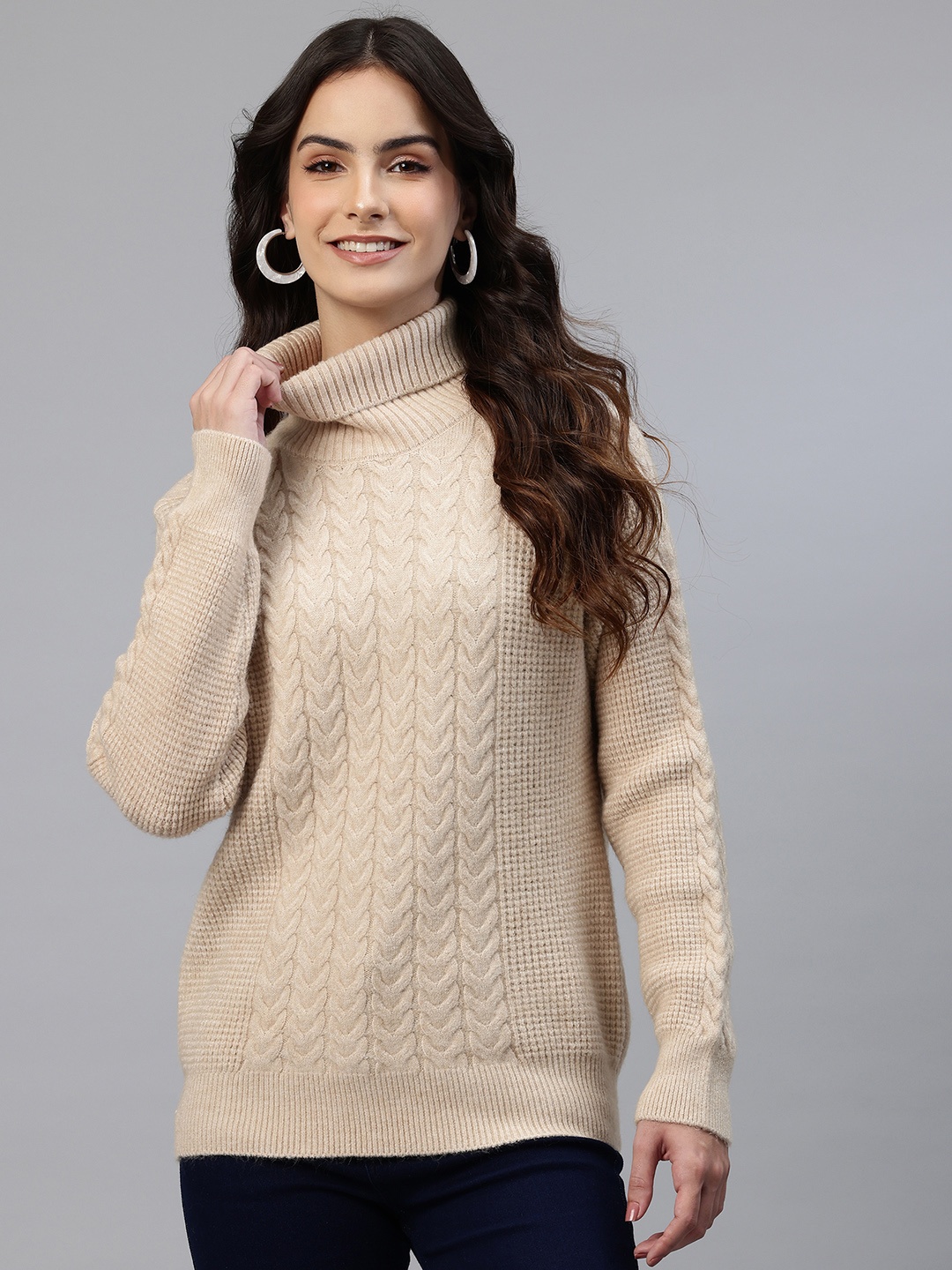 

One Femme Cable Knit Woollen Turtle Neck Pullover, Beige