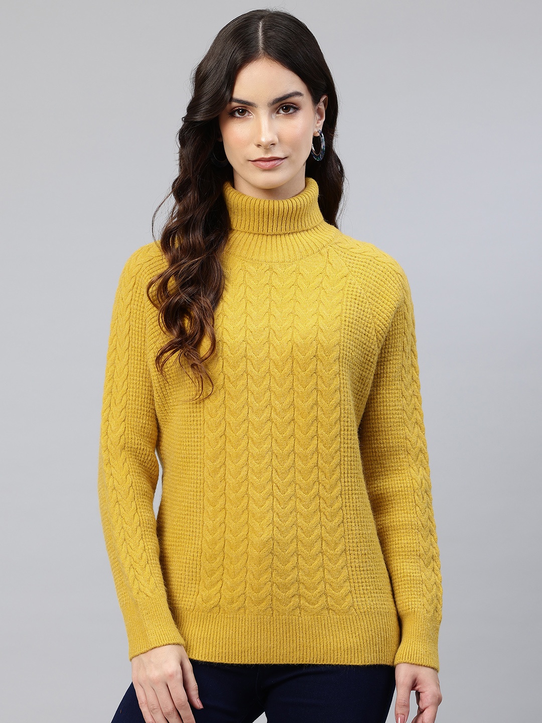 

One Femme Cable Knit Woollen Turtle Neck Pullover, Yellow