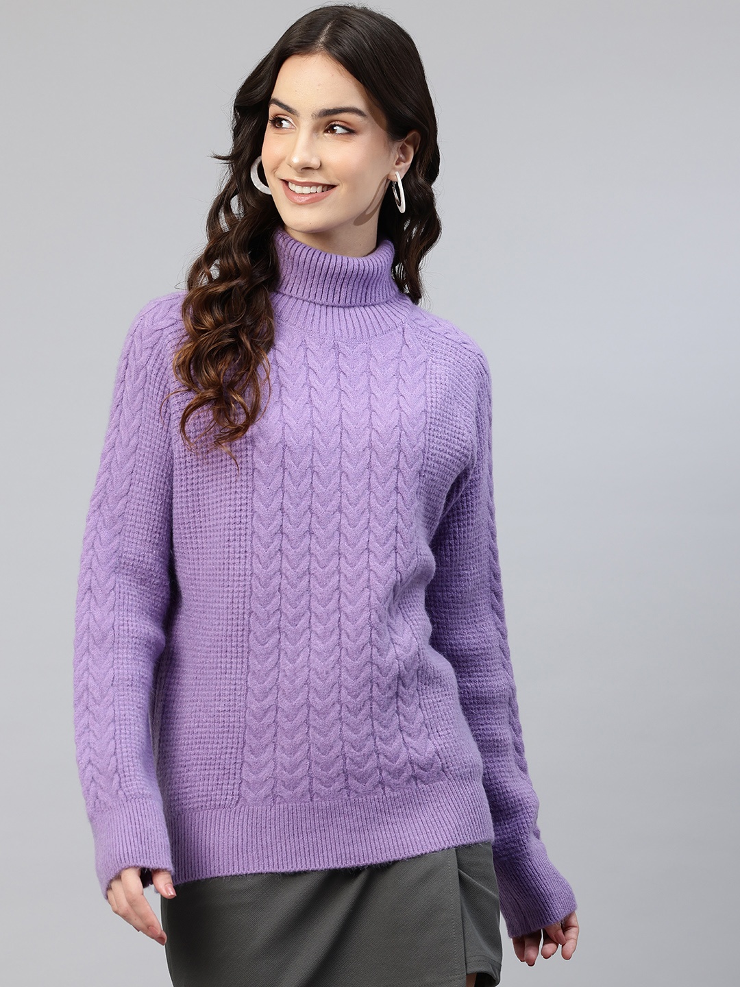 

One Femme Cable Knit Woollen Turtle Neck Pullover, Purple