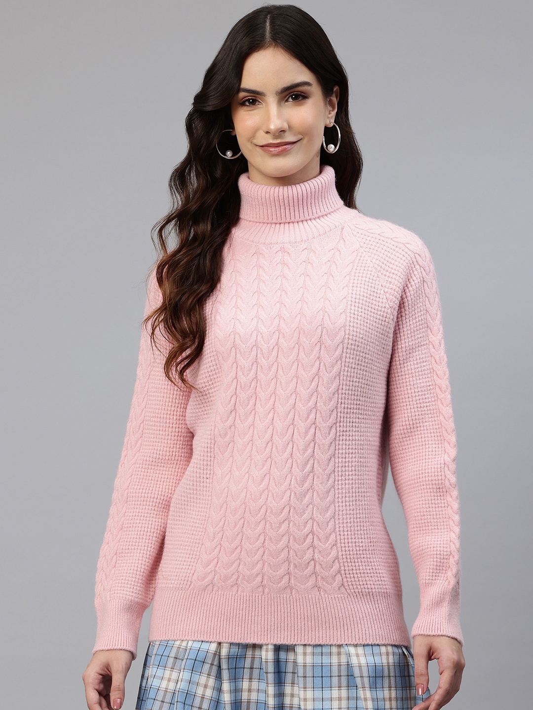 

One Femme Cable Knit Woollen Turtle Neck Pullover, Pink