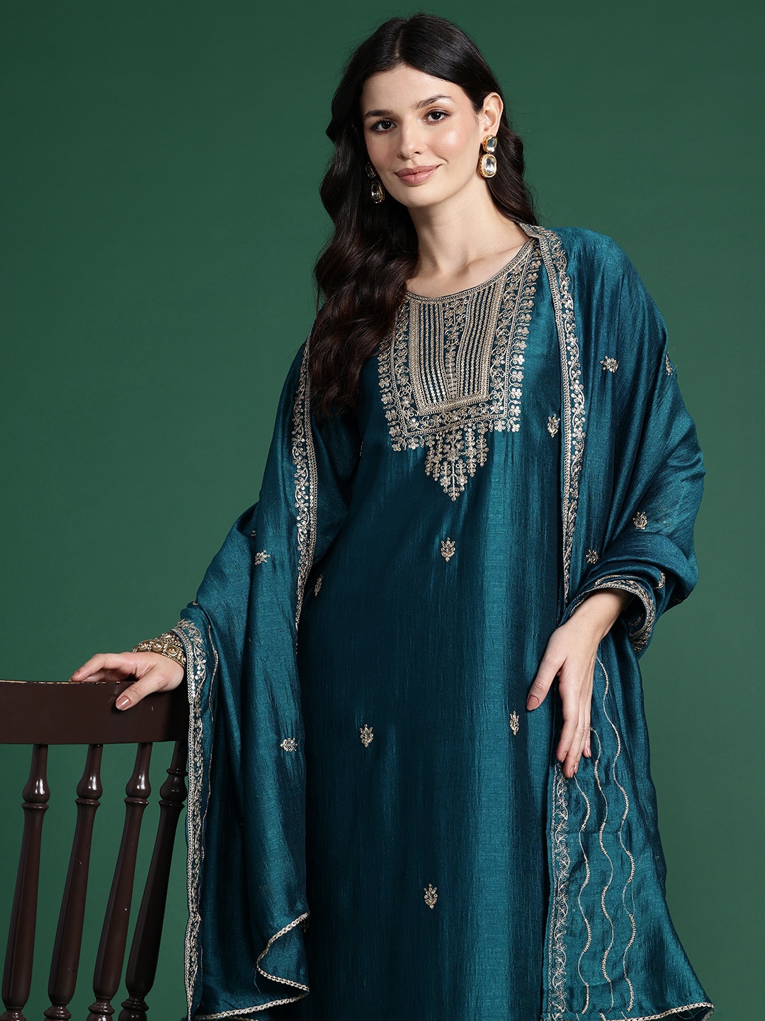 

Indo Era Women Ethnic Motifs Yoke Design Regular Kurta With Trousers & Dupatta, Teal