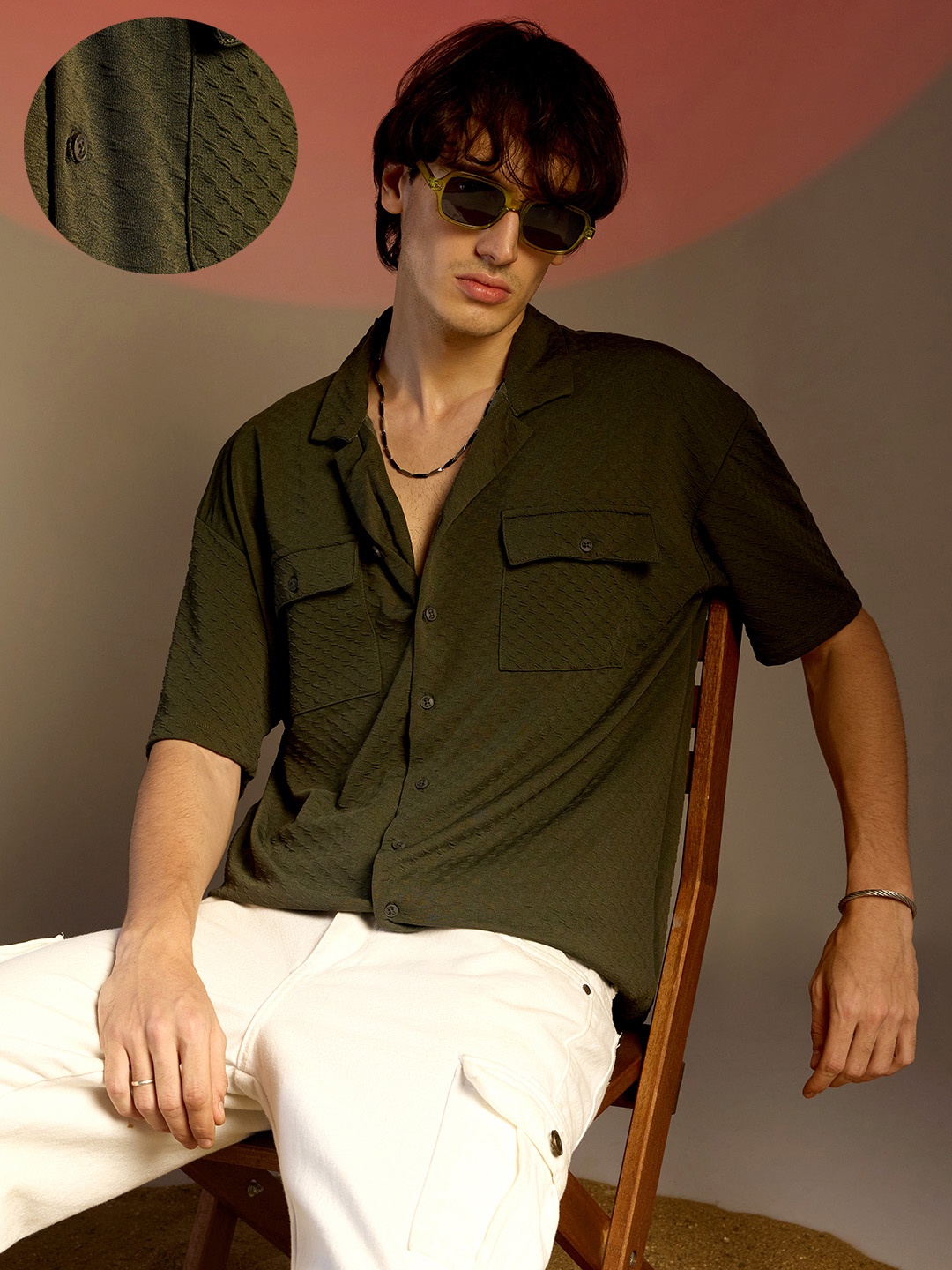 

Campus Sutra Men Comfort Cuban Collar Textured Oversized Casual Shirt, Olive