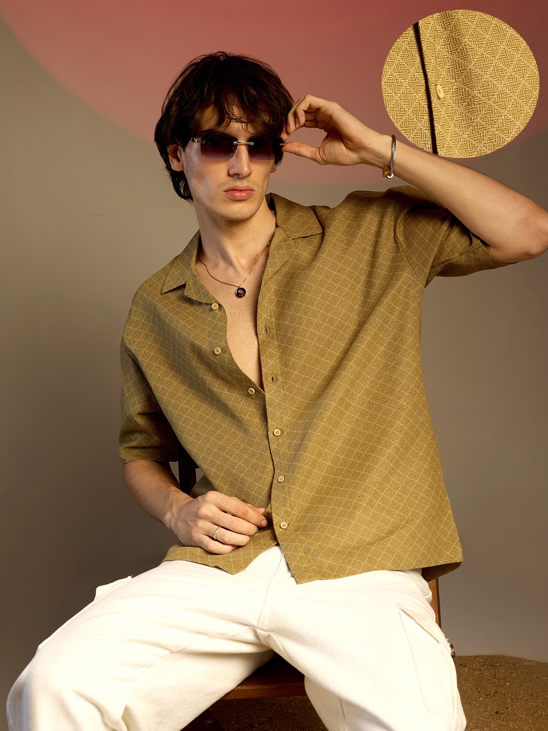 

Campus Sutra Men Comfort Cuban Collar Textured Oversized Casual Shirt, Green