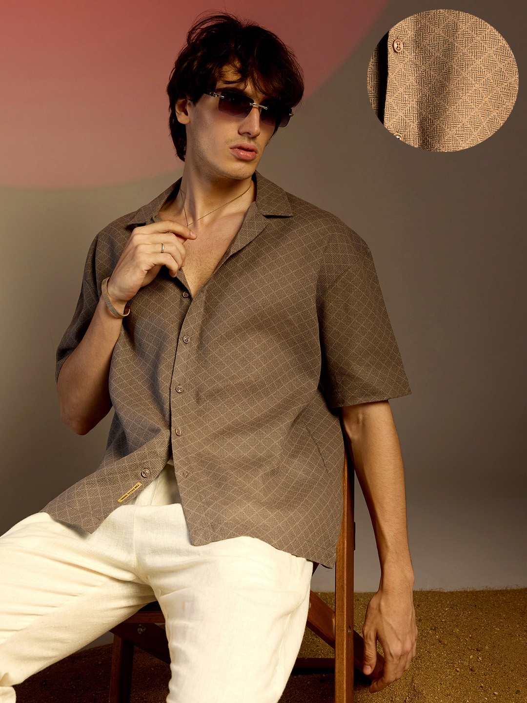 Campus Sutra Men Comfort Cuban Collar Textured Oversized Casual Shirt, Brown