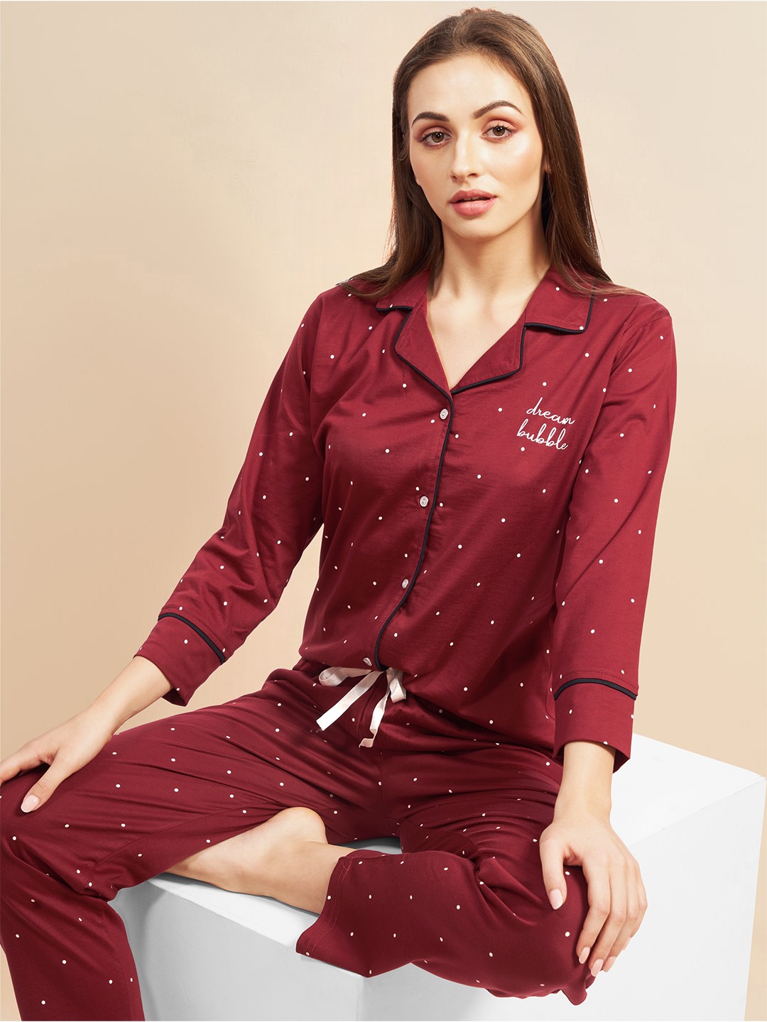 

PASTEL CLIP Women Polka Dots Printed Night suit, Maroon