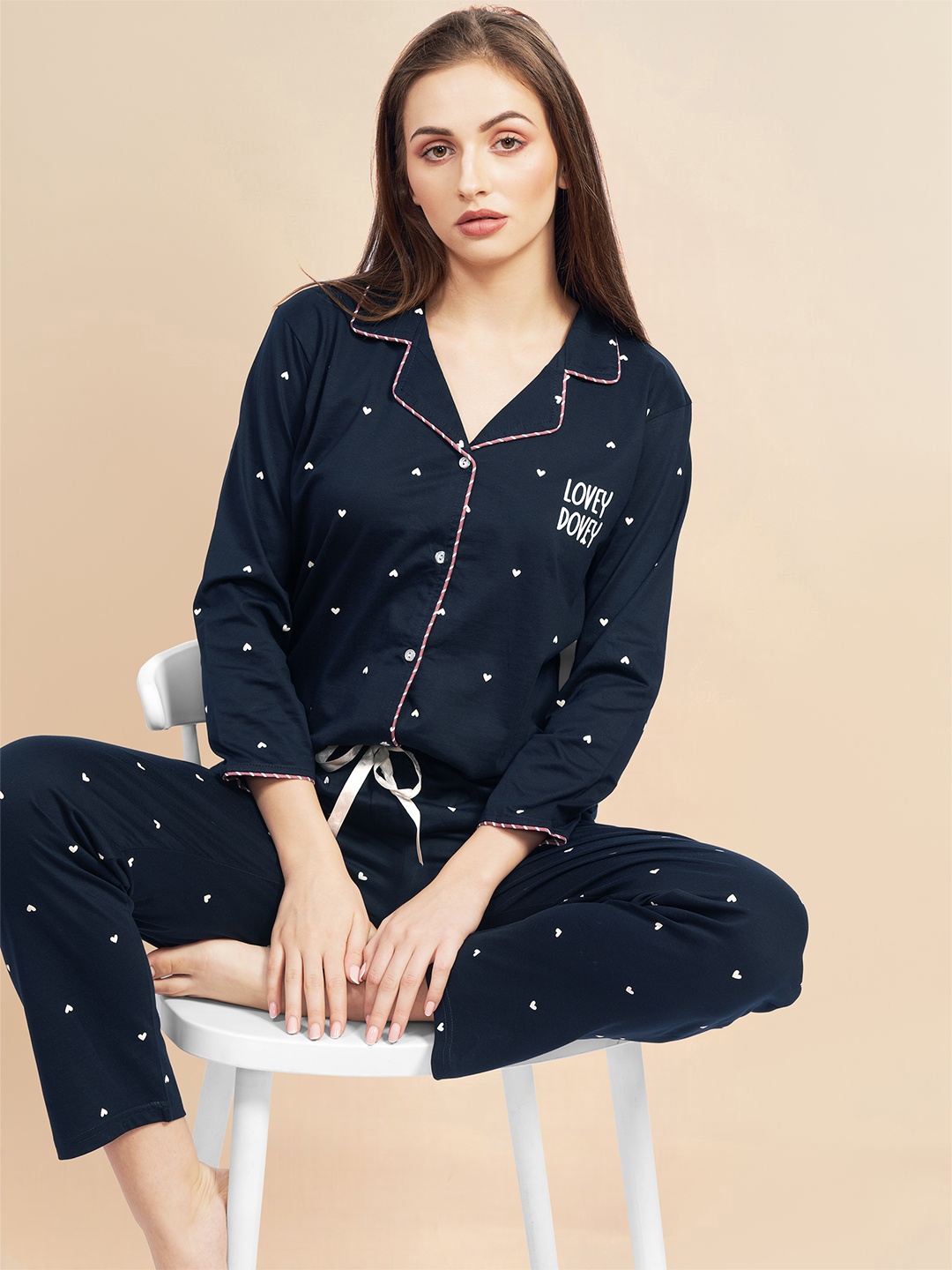 

PASTEL CLIP Women Geometric Printed Pure Cotton Lapel Collar Night suit, Navy blue
