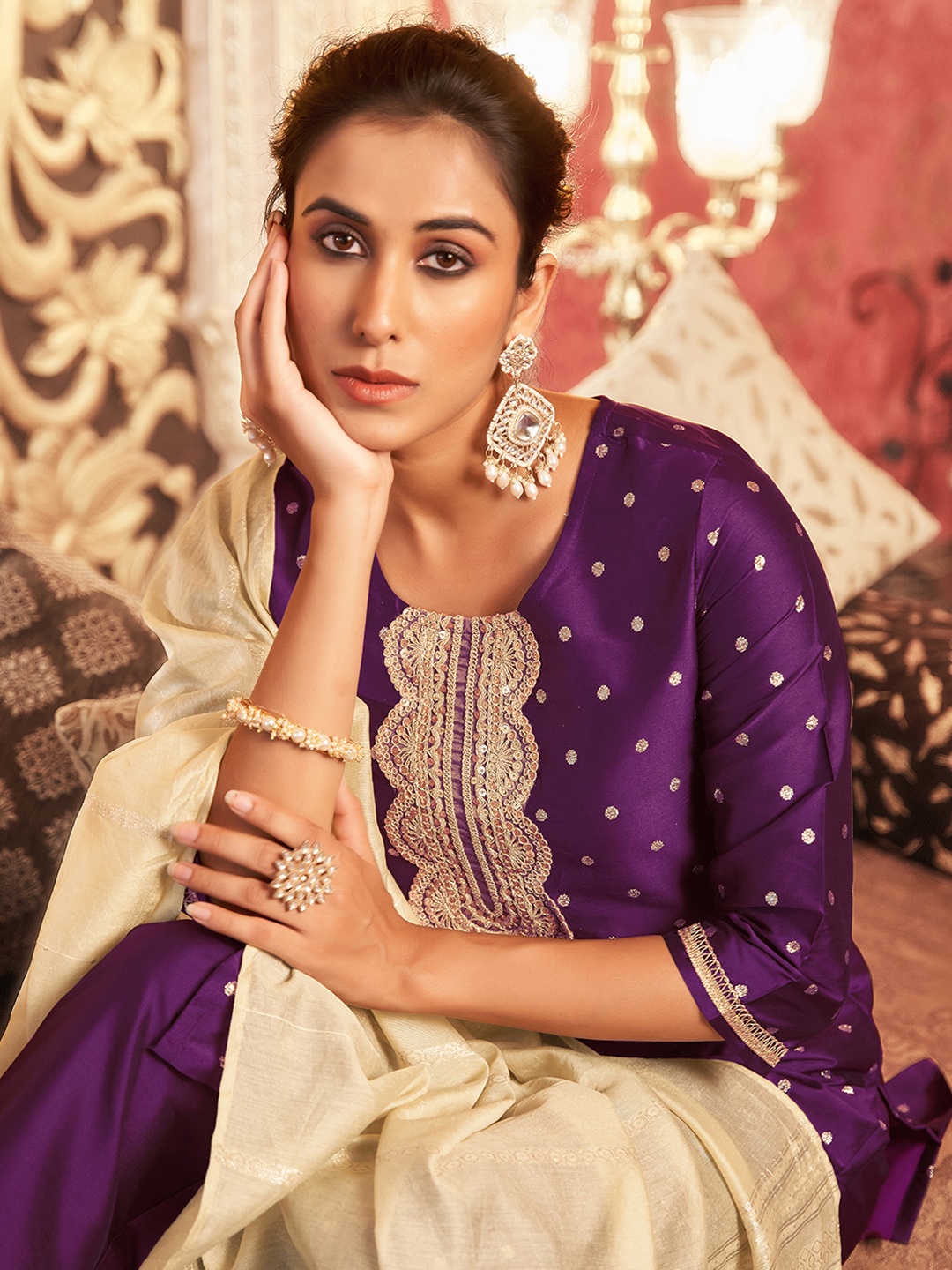 

KALINI Geometric Woven Design Sequinned Jacquard Straight Kurta With Palazzos & Dupatta, Purple