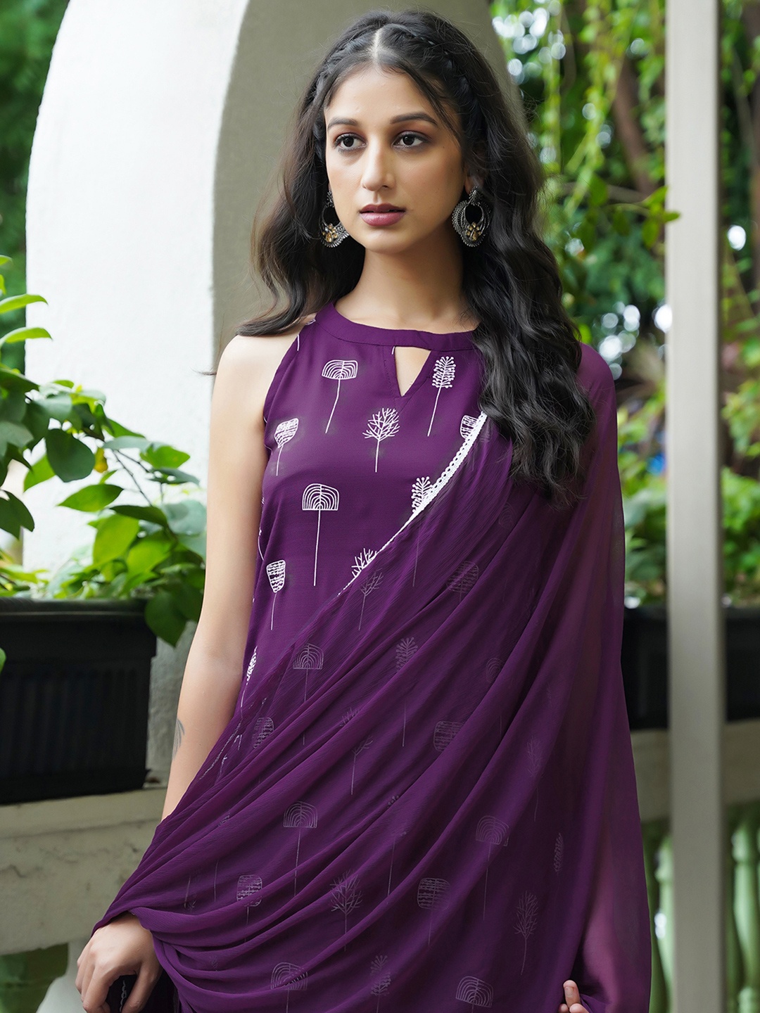 

KALINI Floral Printed Keyhole Neck Straight Kurta With Trousers & Dupatta, Purple