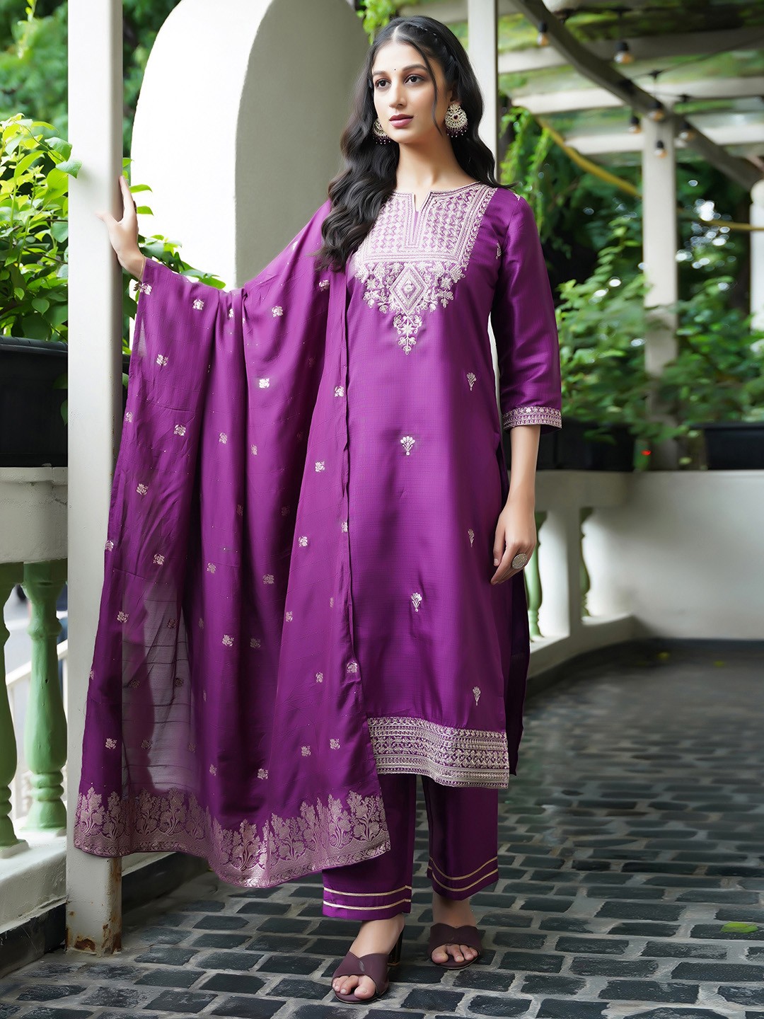 

KALINI Floral Embroidered Sequinned Straight Kurta With Trousers & Dupatta, Purple