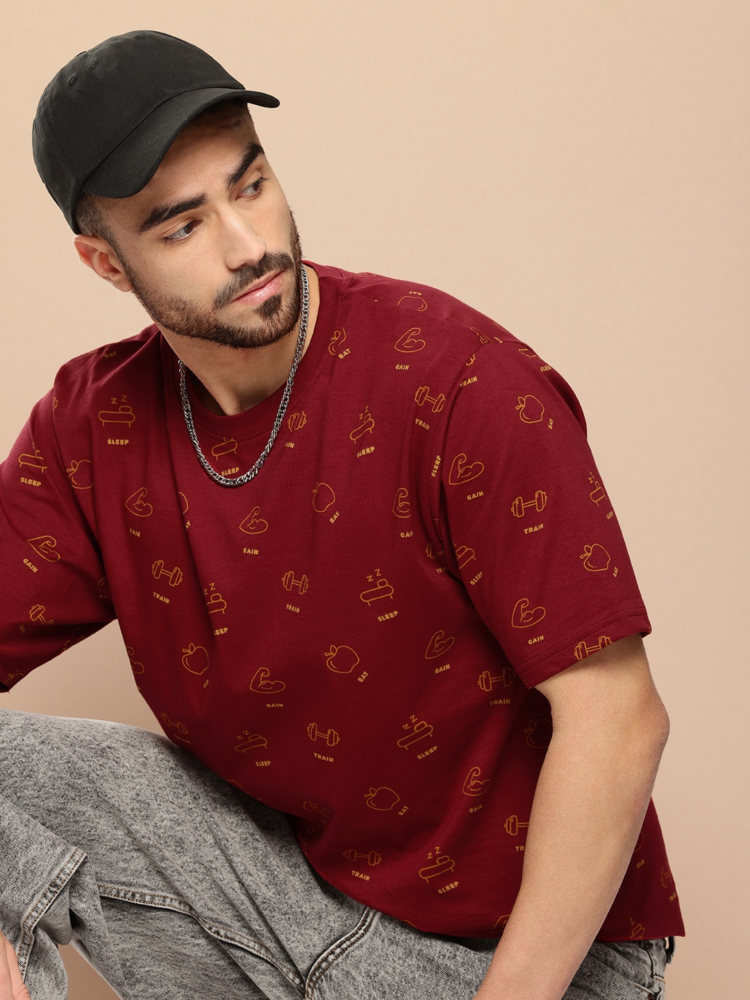 

Difference of Opinion Men Conversational Printed Oversized T-shirt, Maroon