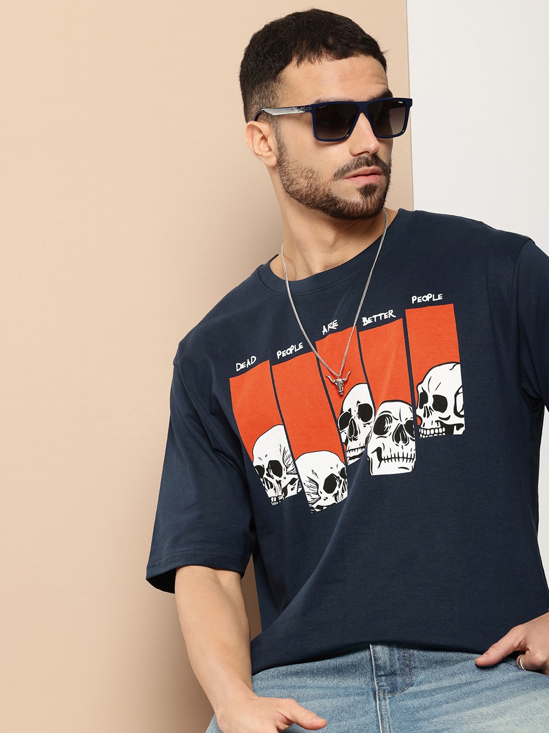 Difference of Opinion Men Printed Oversized Pure Cotton T-shirt, Navy blue