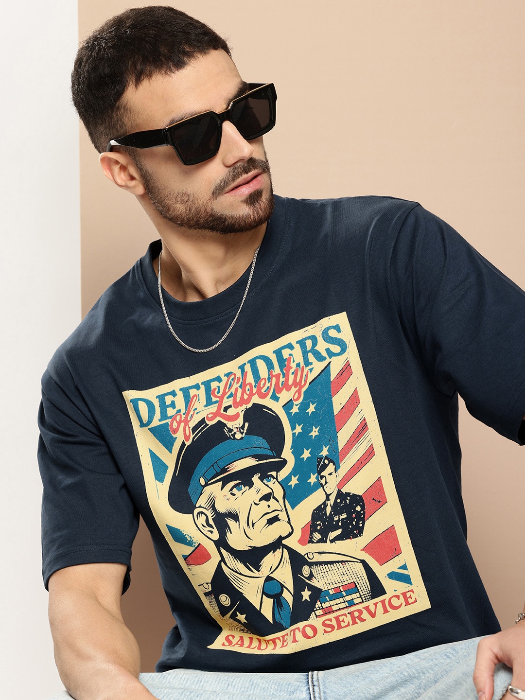 

Difference of Opinion Men Printed Oversized Pure Cotton T-shirt, Navy blue