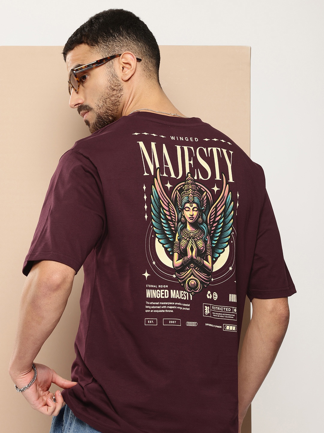 

Difference of Opinion Men Printed Oversized Pure Cotton T-shirt, Burgundy