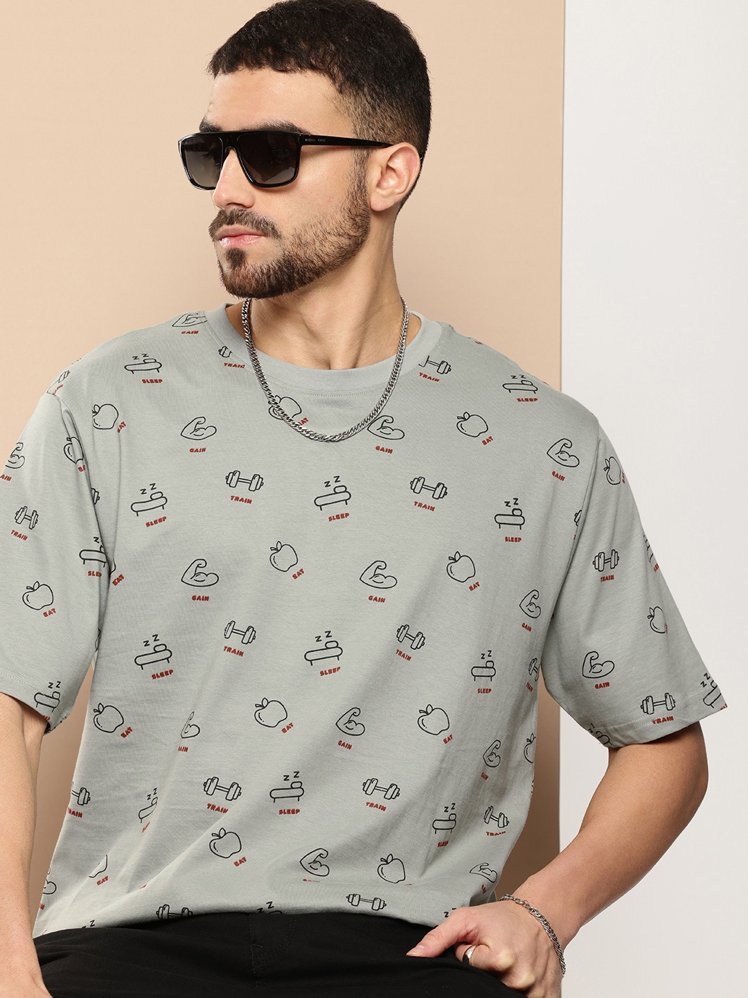 

Difference of Opinion Men Conversational Printed Oversized T-shirt, Grey