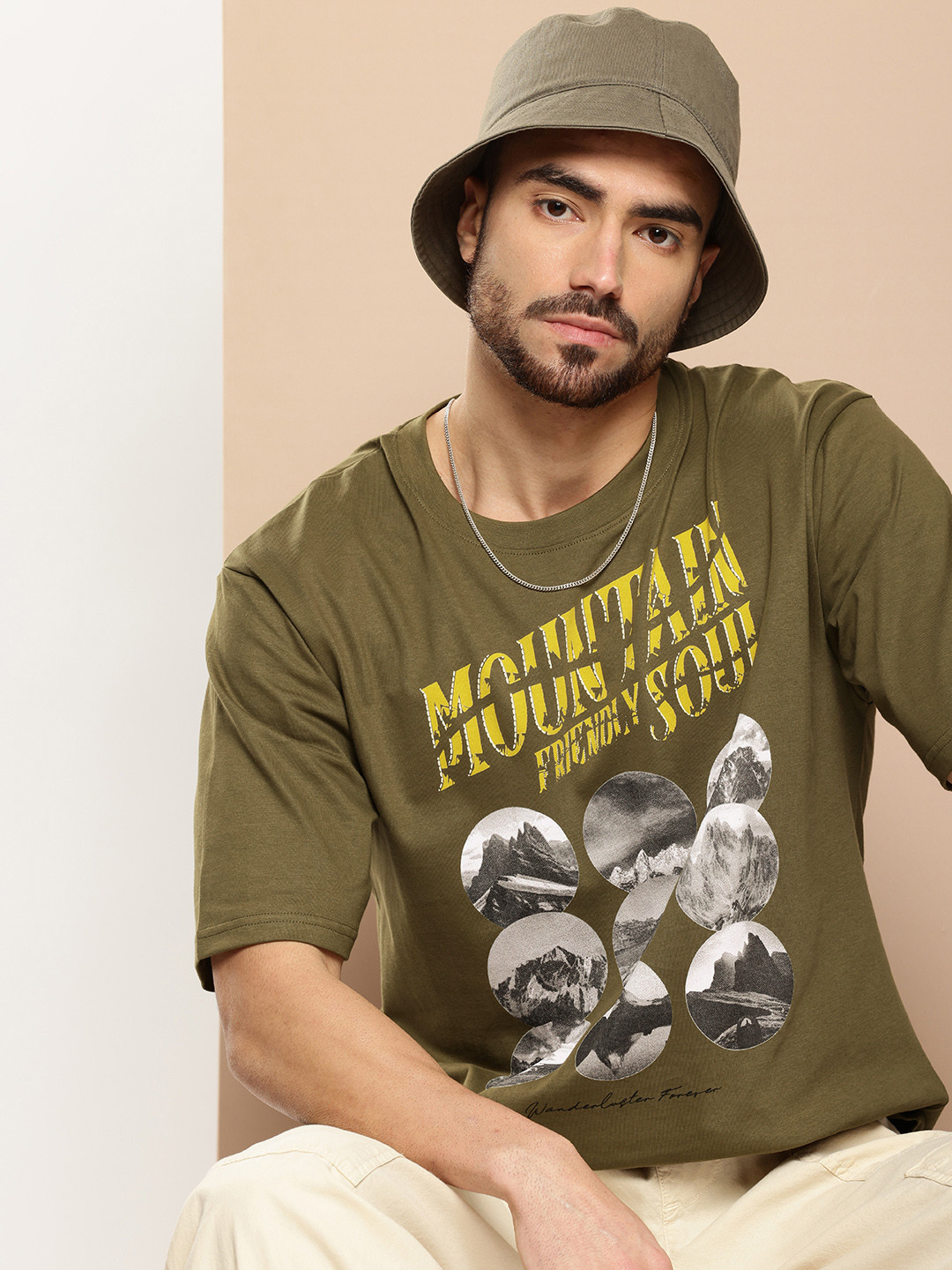 

Difference of Opinion Men Printed Oversized Pure Cotton T-shirt, Olive