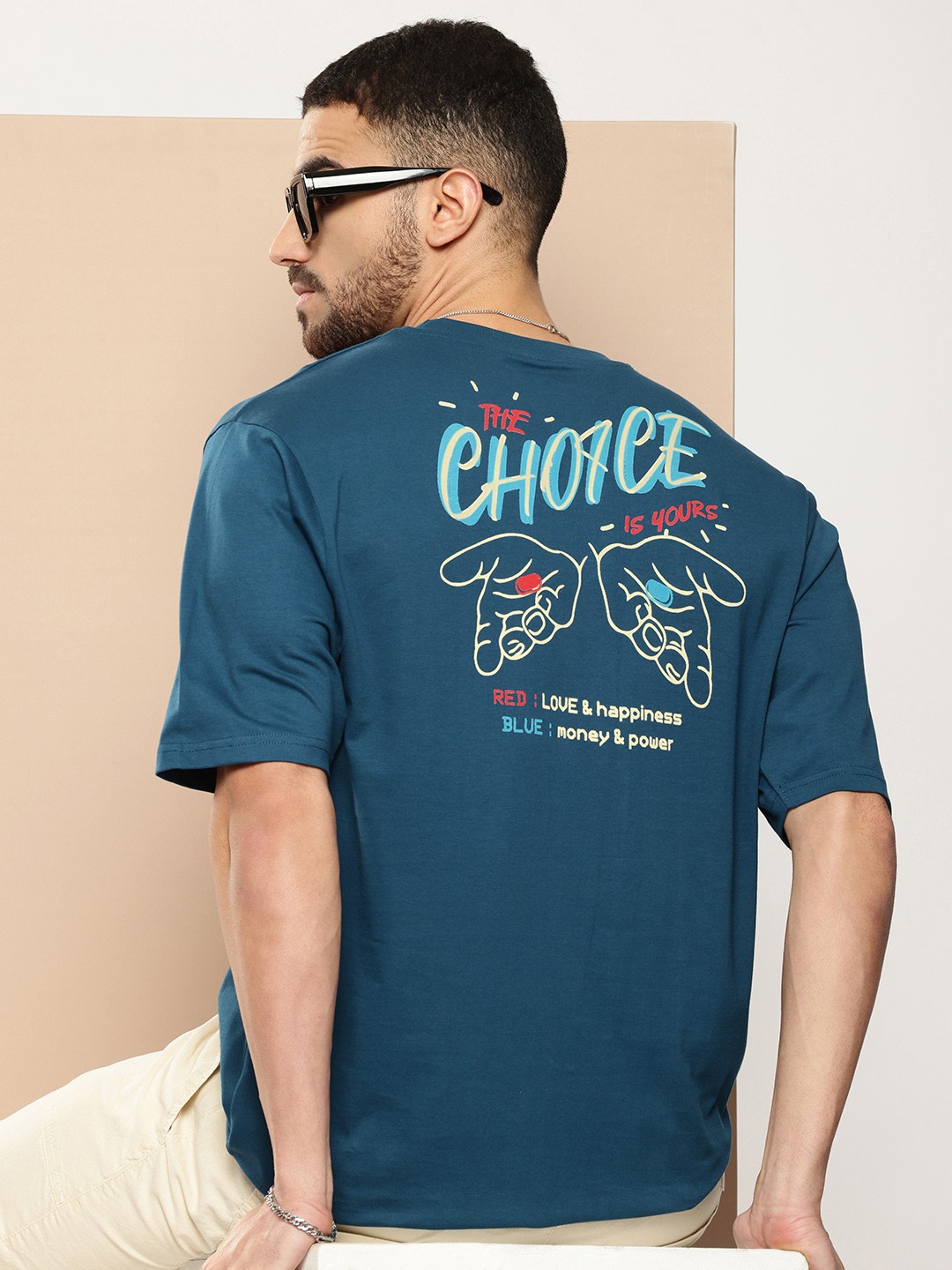 

Difference of Opinion Men Printed Oversized Pure Cotton T-shirt, Blue