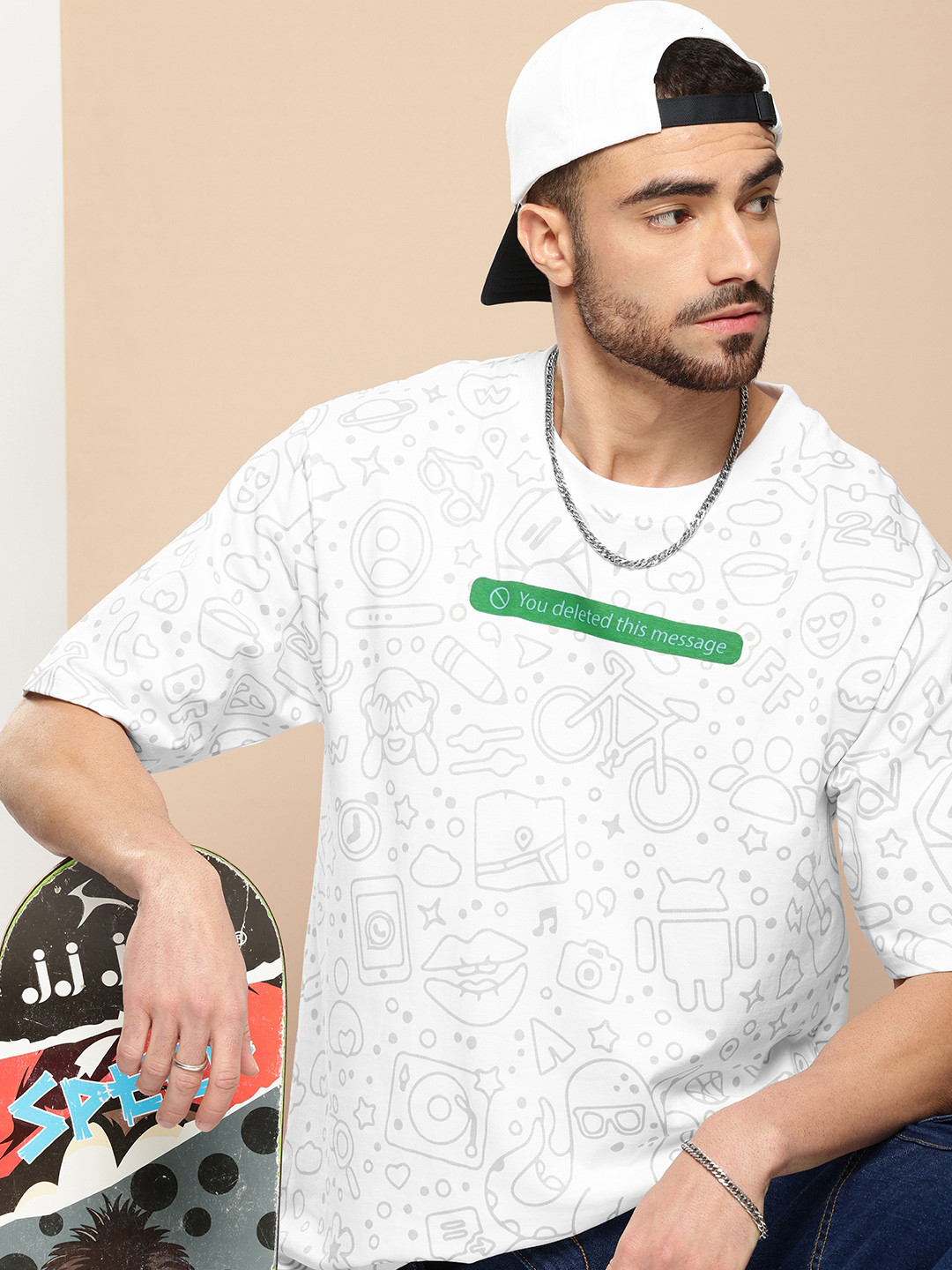 

Difference of Opinion Men Printed Oversized Pure Cotton T-shirt, White