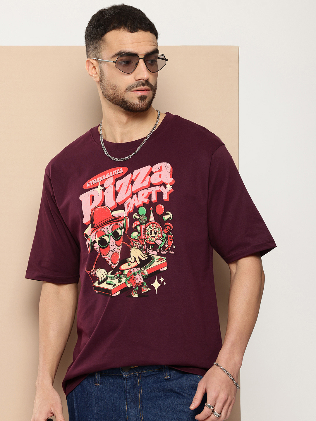 

Difference of Opinion Men Printed Oversized Pure Cotton T-shirt, Burgundy