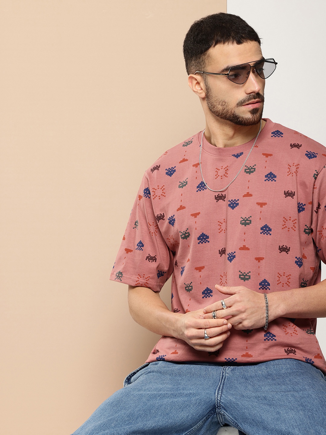 Difference of Opinion Men Printed Oversized Pure Cotton T-shirt, Mauve