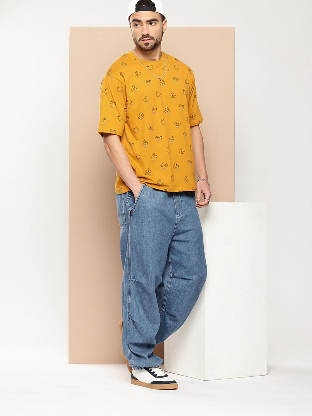 

Difference of Opinion Men Printed Oversized Pure Cotton T-shirt, Yellow