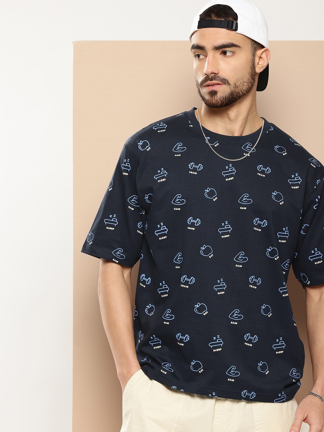 

Difference of Opinion Men Printed Oversized Pure Cotton T-shirt, Navy blue