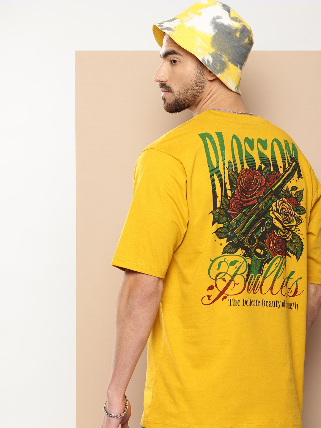 Difference of Opinion Men Printed Oversized Pure Cotton T-shirt, Yellow