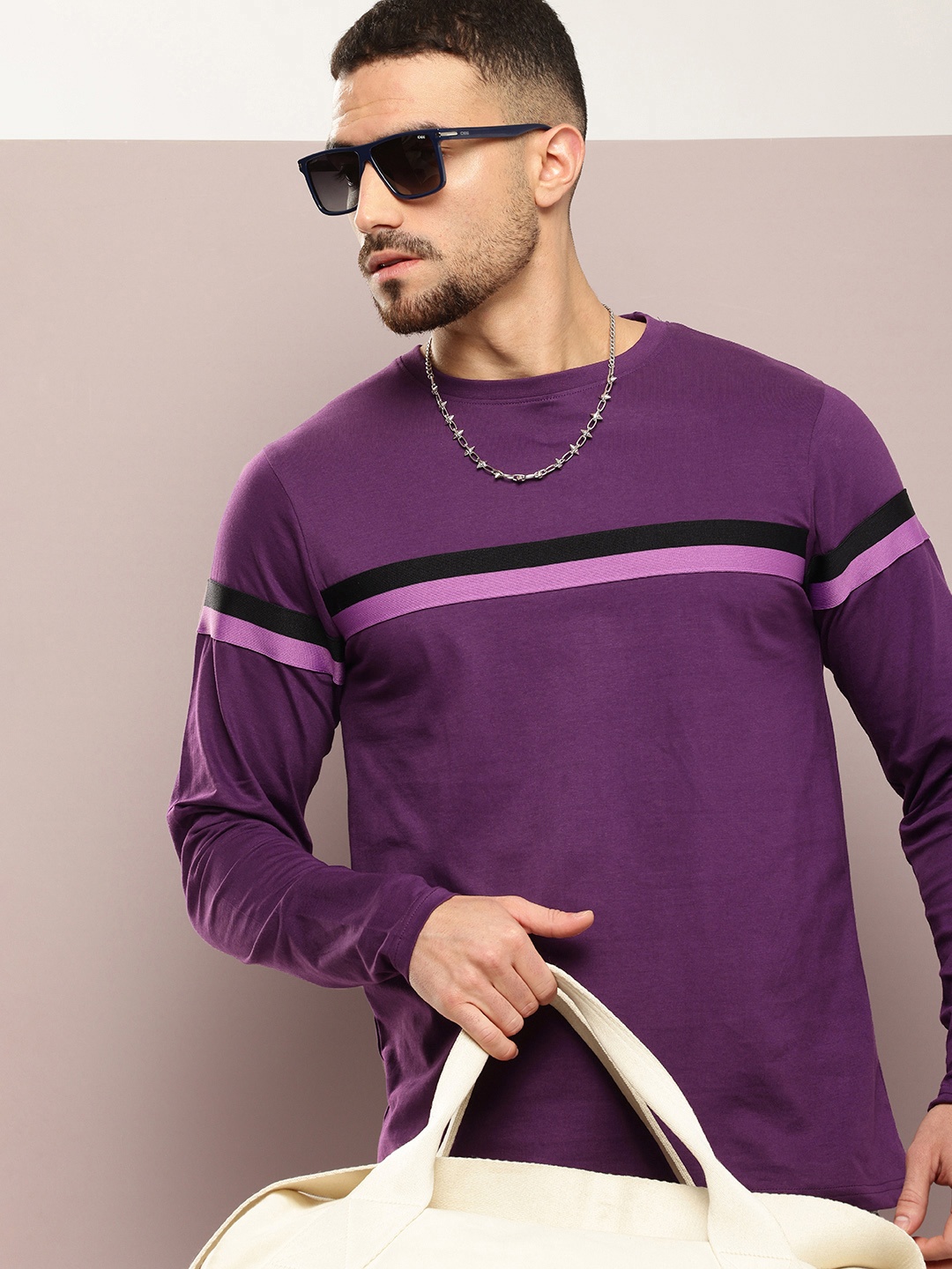 

DILLINGER Men Striped Pure Cotton T-shirt, Purple