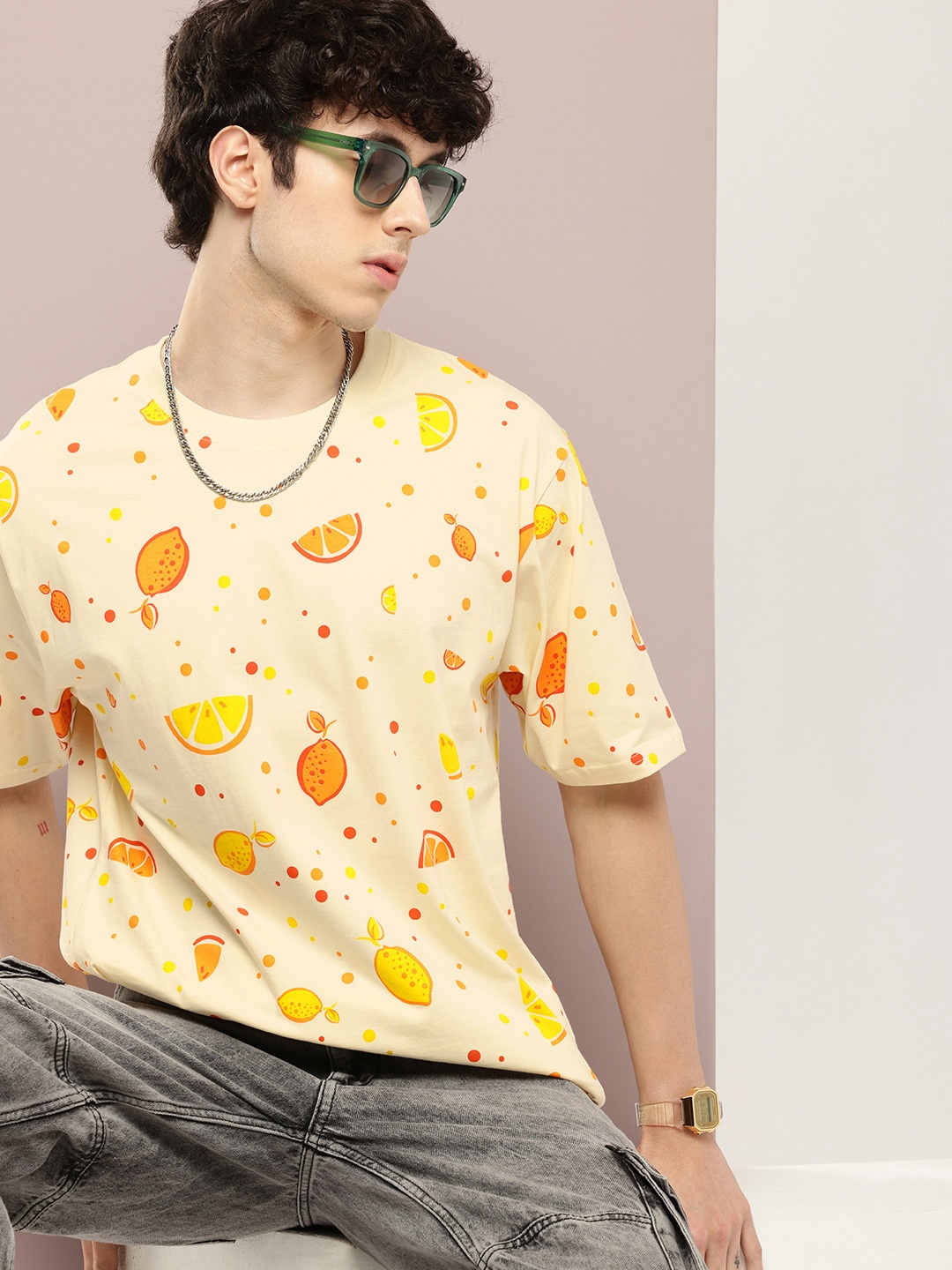 

DILLINGER Men Printed Oversized Pure Cotton T-shirt, Beige