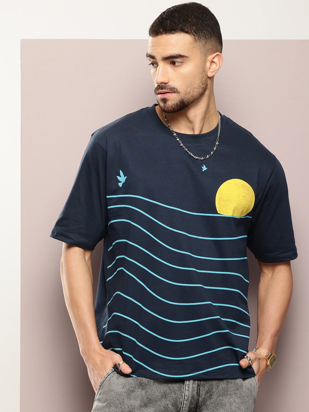 

DILLINGER Men Printed Oversized Pure Cotton T-shirt, Navy blue