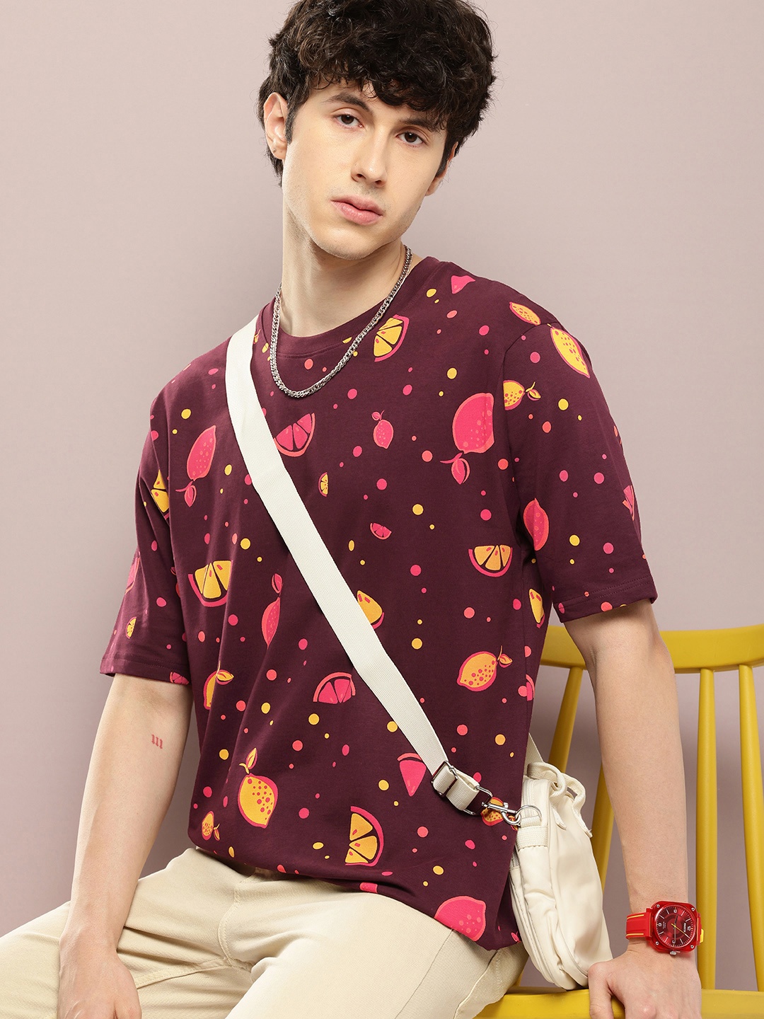 

DILLINGER Men Printed Oversized Pure Cotton T-shirt, Burgundy